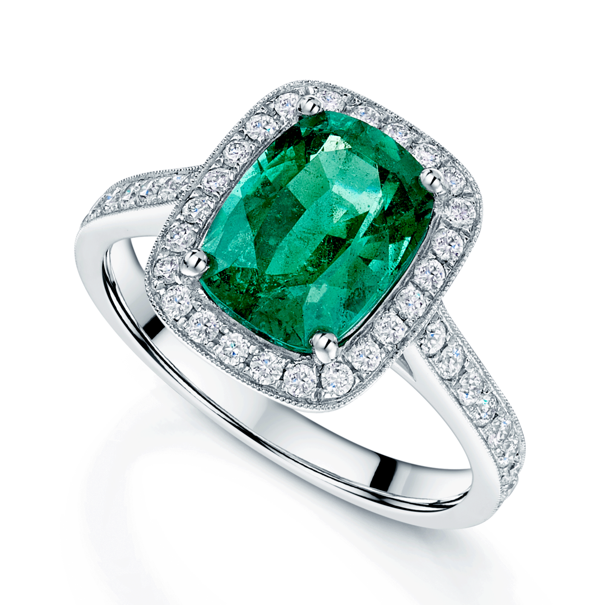 Platinum Cushion Cut Emerald And Diamond Halo Set Ring