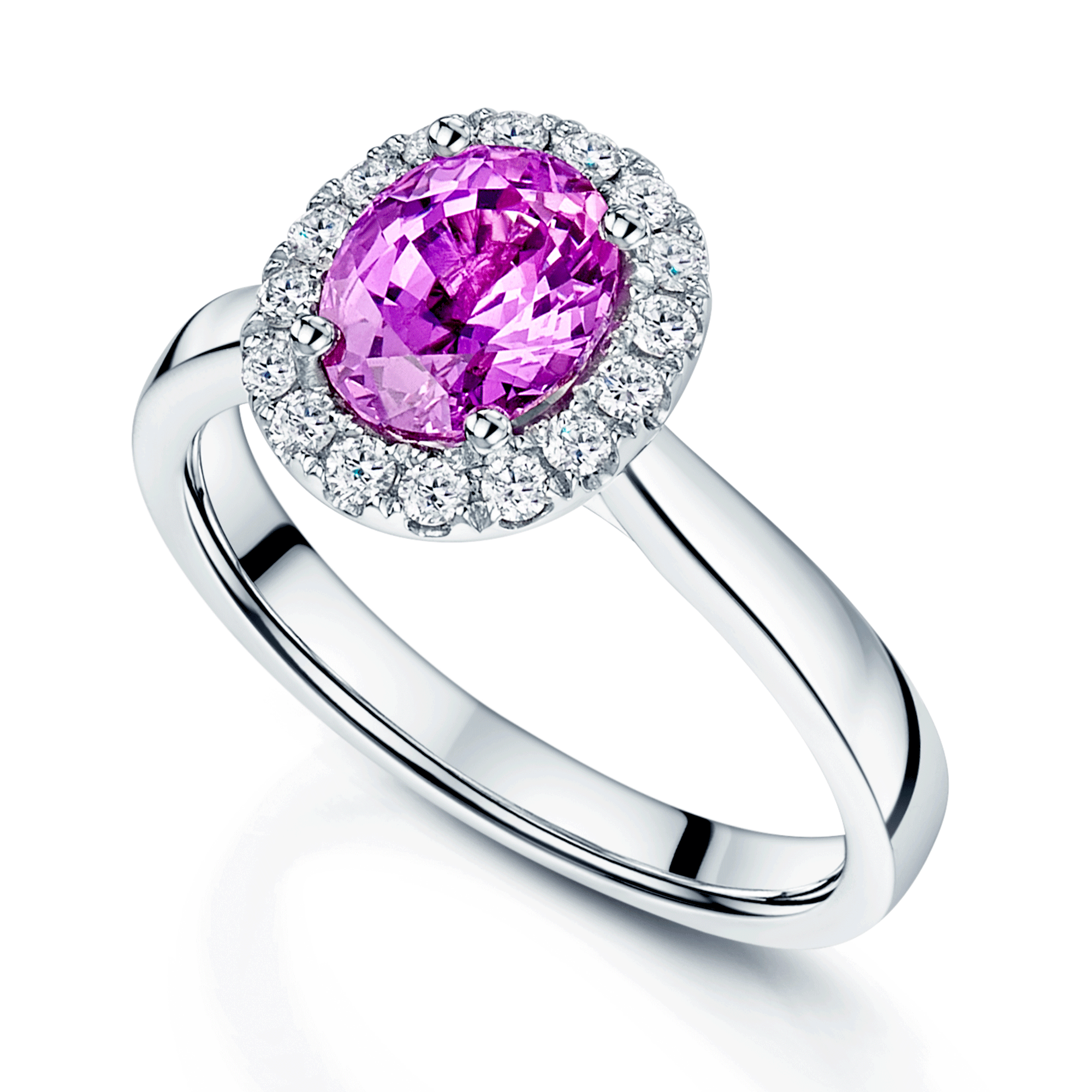 Platinum Oval Cut Pink Sapphire And Round Brilliant Cut Diamond Halo Ring