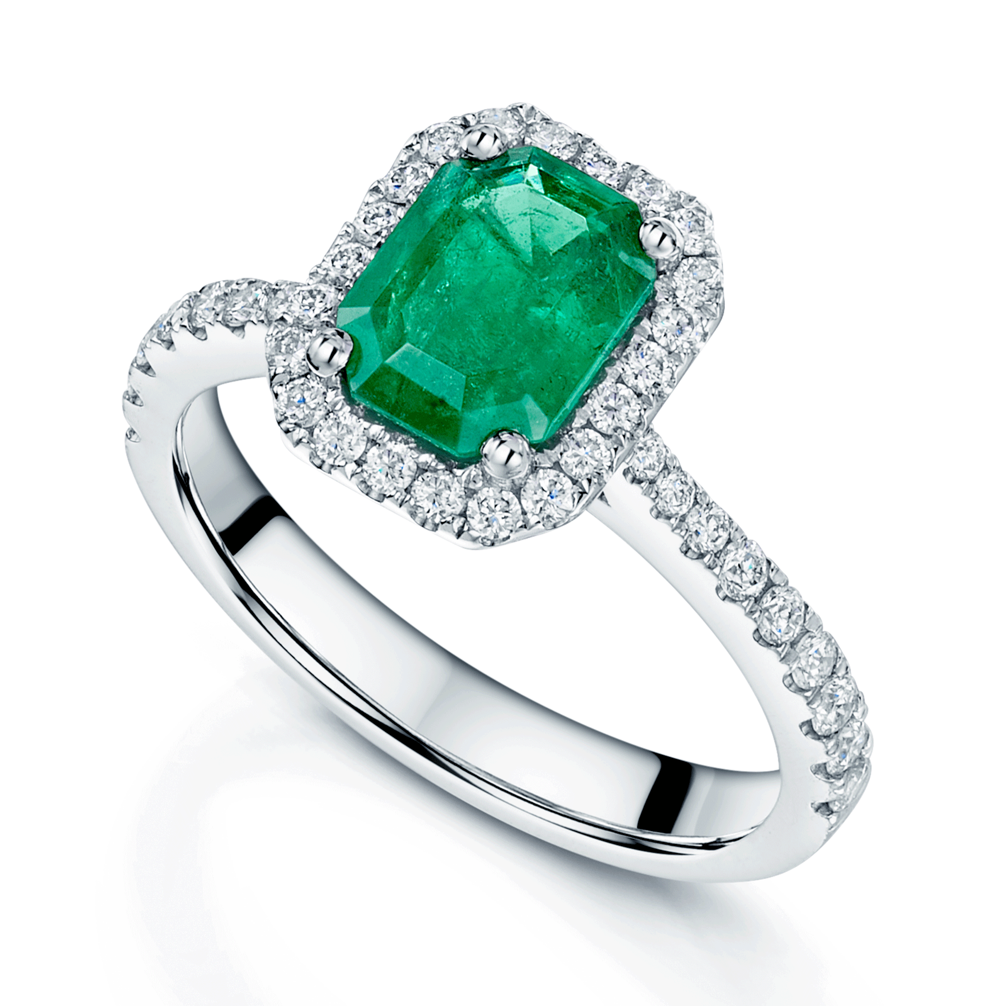 Platinum Emerald Cut Emerald And diamond Halo Ring With Diamond Set Shoulders