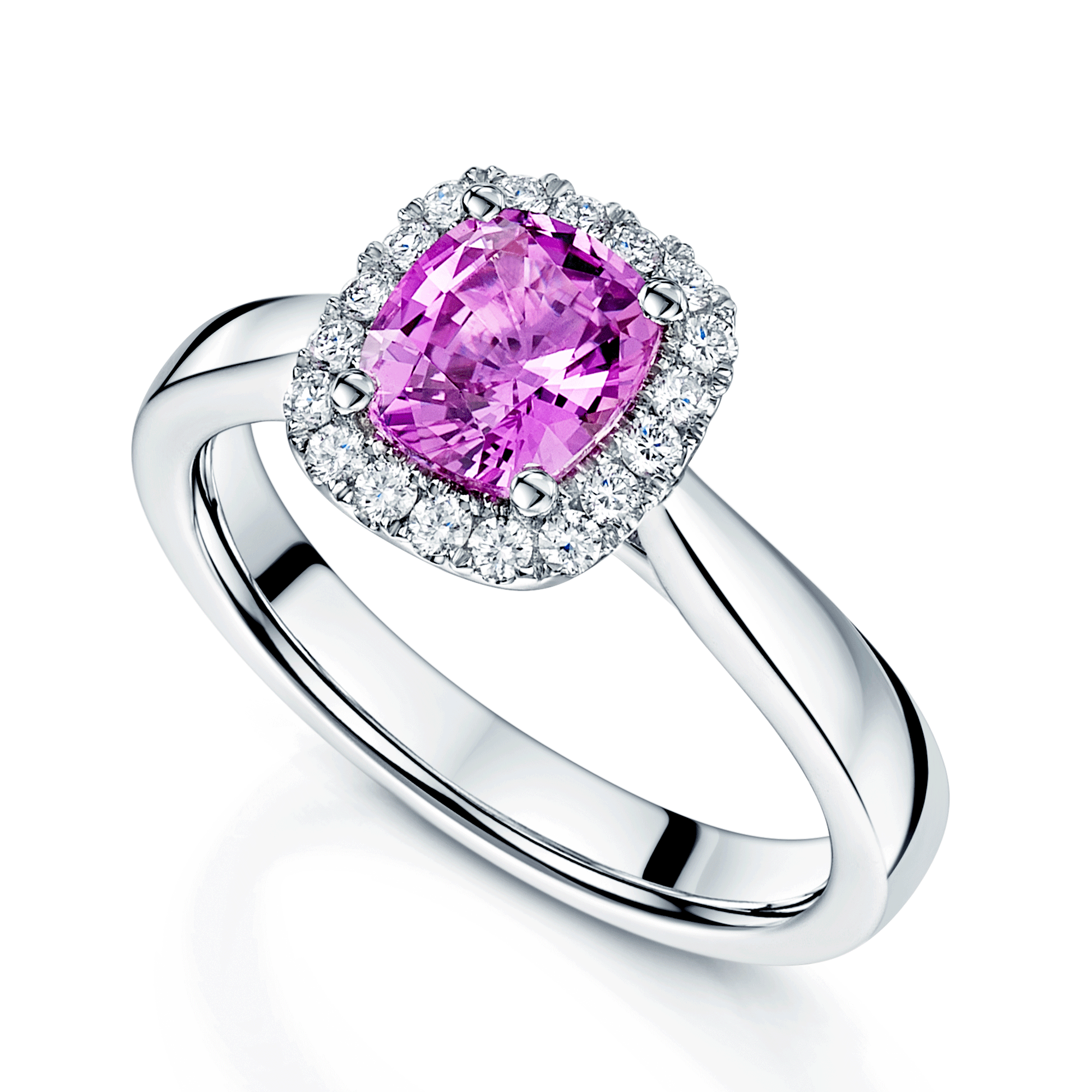 Platinum Cushion Cut Unheated Pink Sapphire And diamond Halo Ring