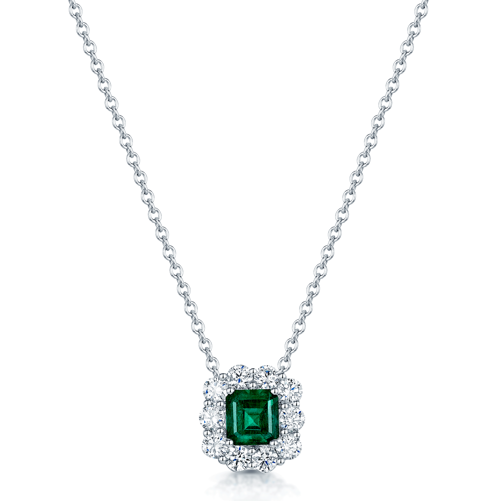 18ct White Gold Emerald Cut Emerald & Diamond Cluster Pendant
