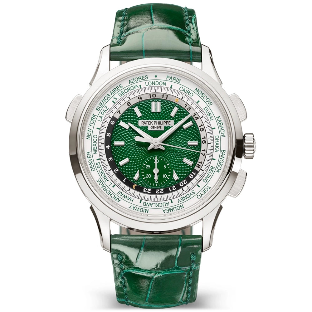 Patek Philippe Complications World Time Flyback Chronograph Platinum Green Dial Watch - Berry's Jewellers