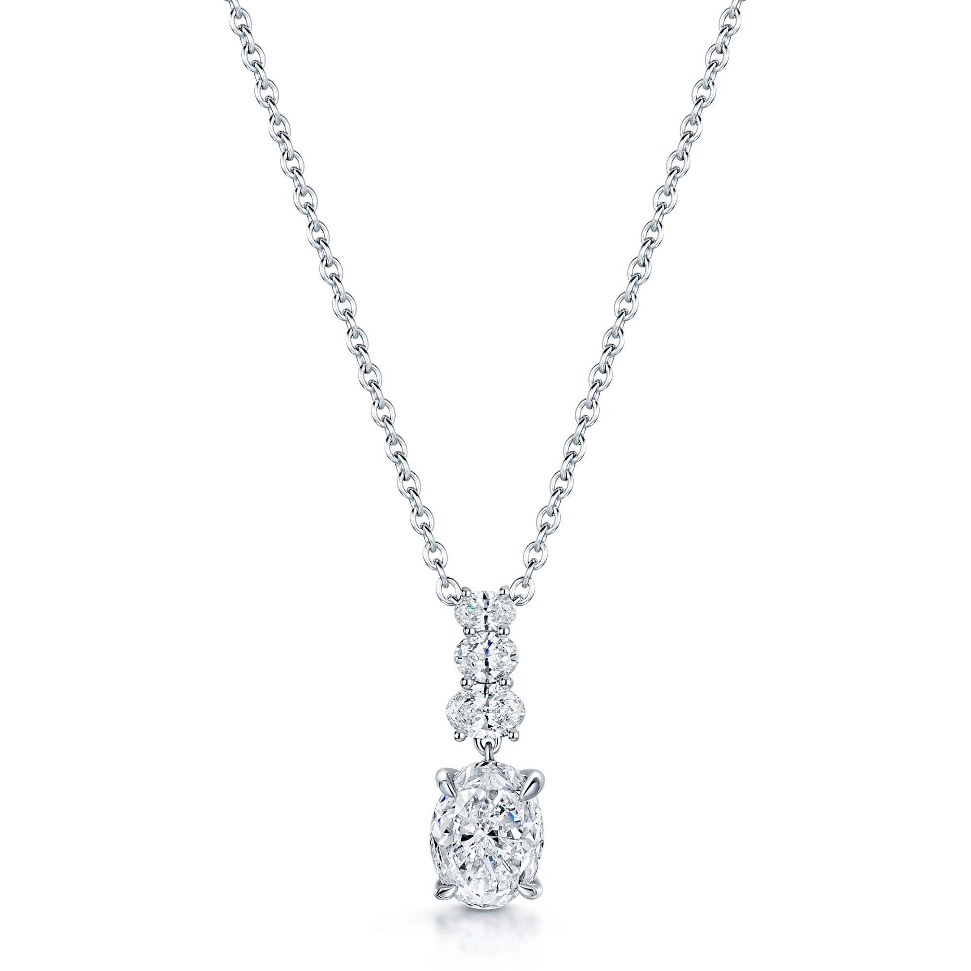 18ct White Gold GIA Certificated Oval Brilliant Cut Diamond Graduated Drop Necklace