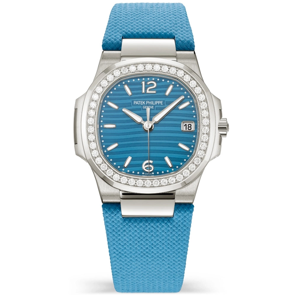 Patek Philippe Nautilus 32mm 18ct White Gold Blue Dial Diamond Set Strap Watch - Berry's Jewellers
