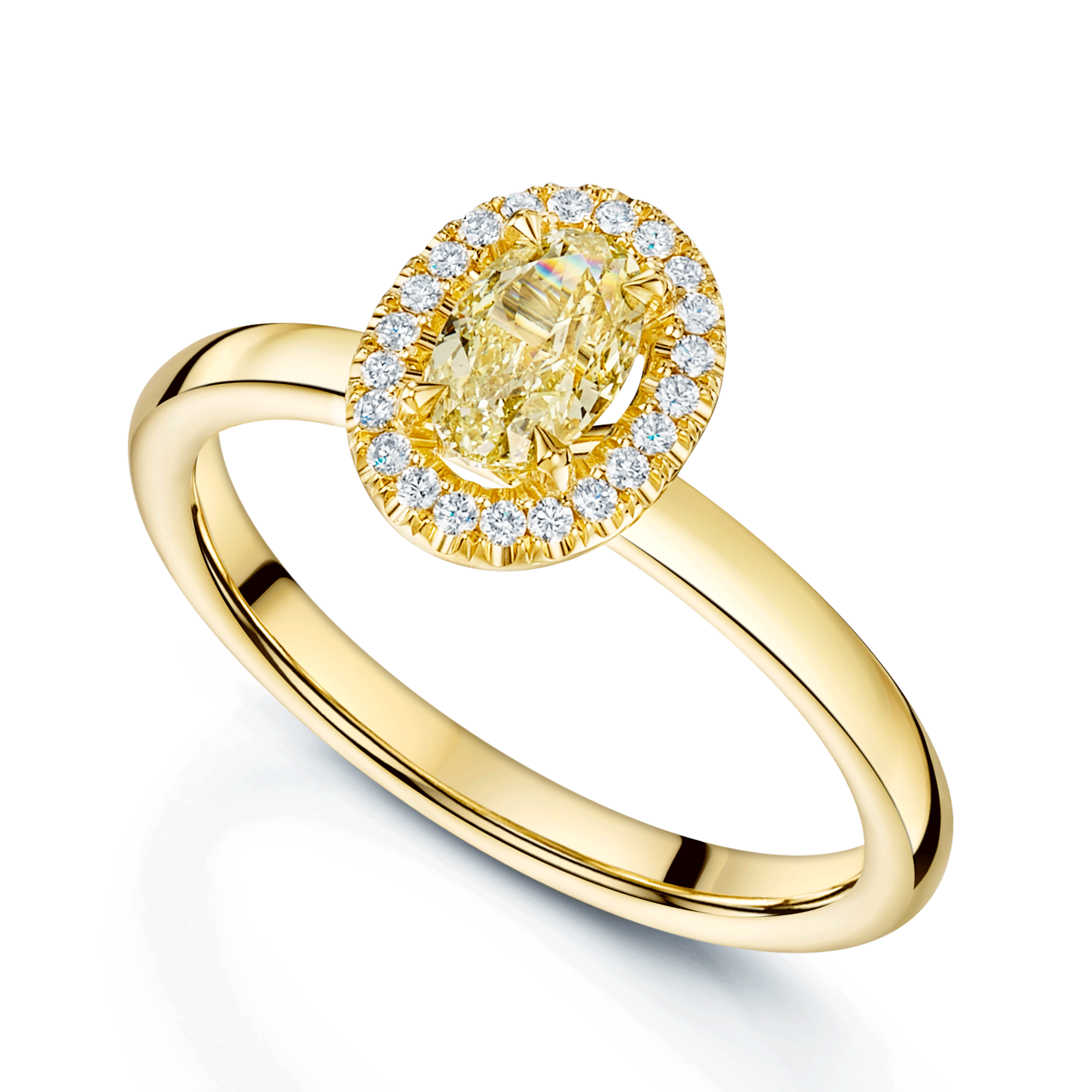 18ct Yellow Gold Oval Cut Yellow Diamond Halo Cluster Ring