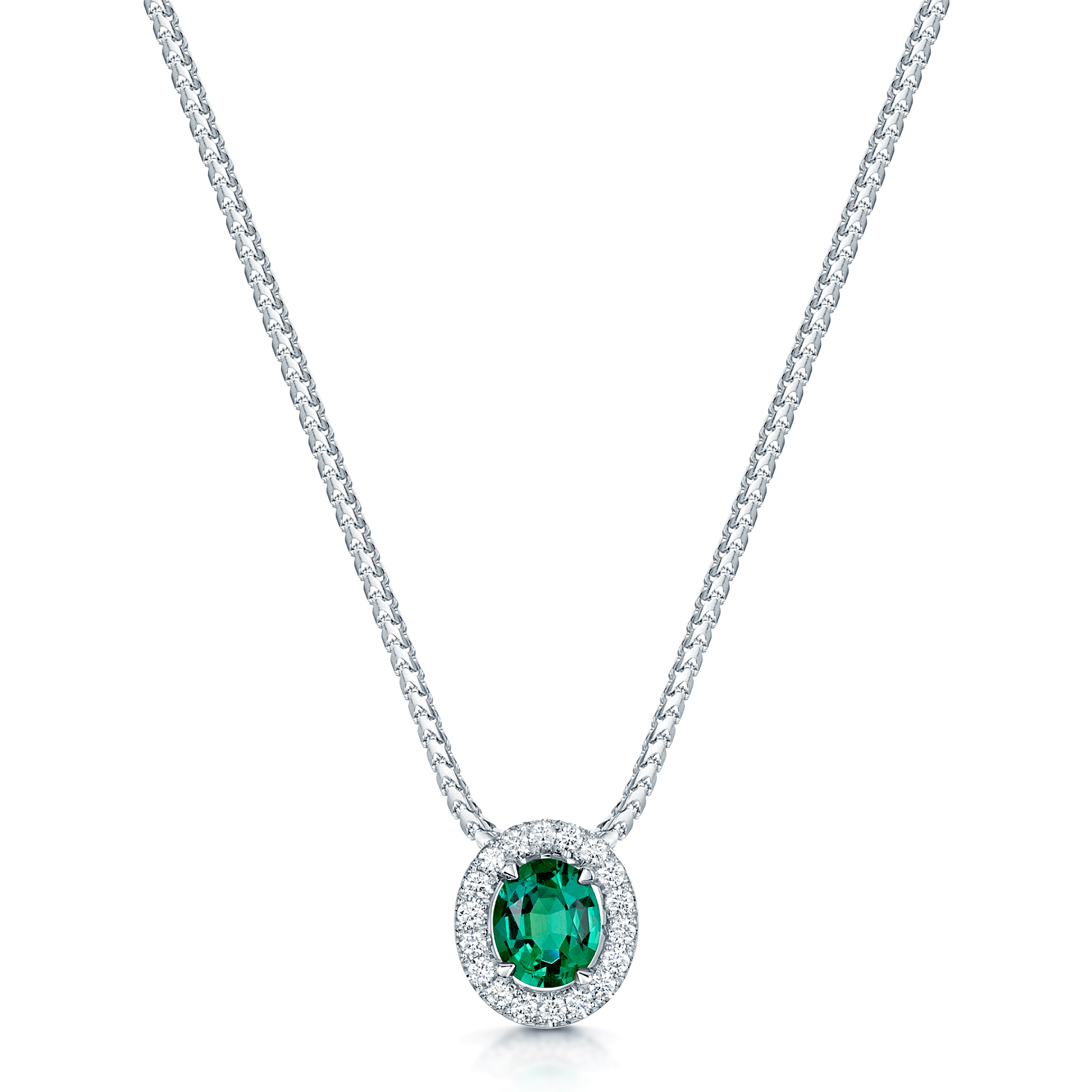 18ct White Gold Oval Cut Emerald And Diamond Halo Pendant