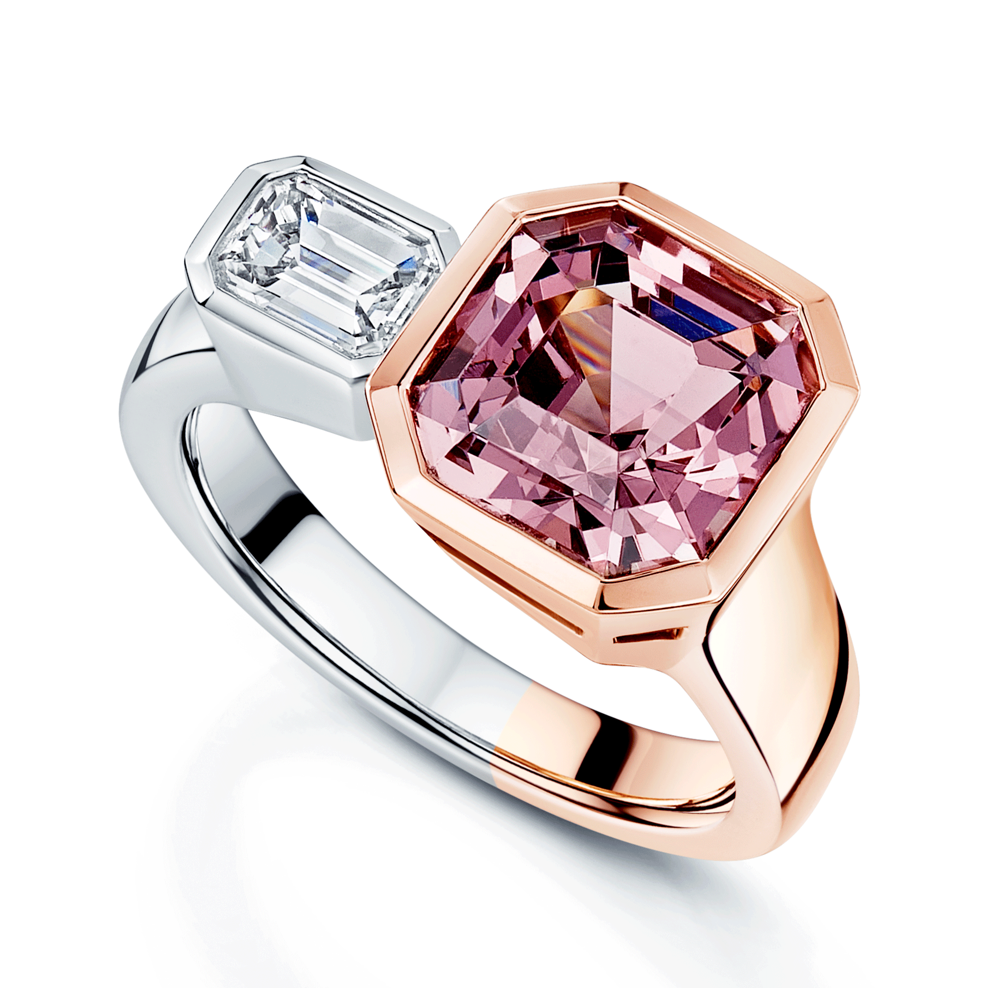 Platinum And 18ct Rose Gold Rectangle Cut Malayan Pink Garnet And GIA Certificated Diamond Dress Ring