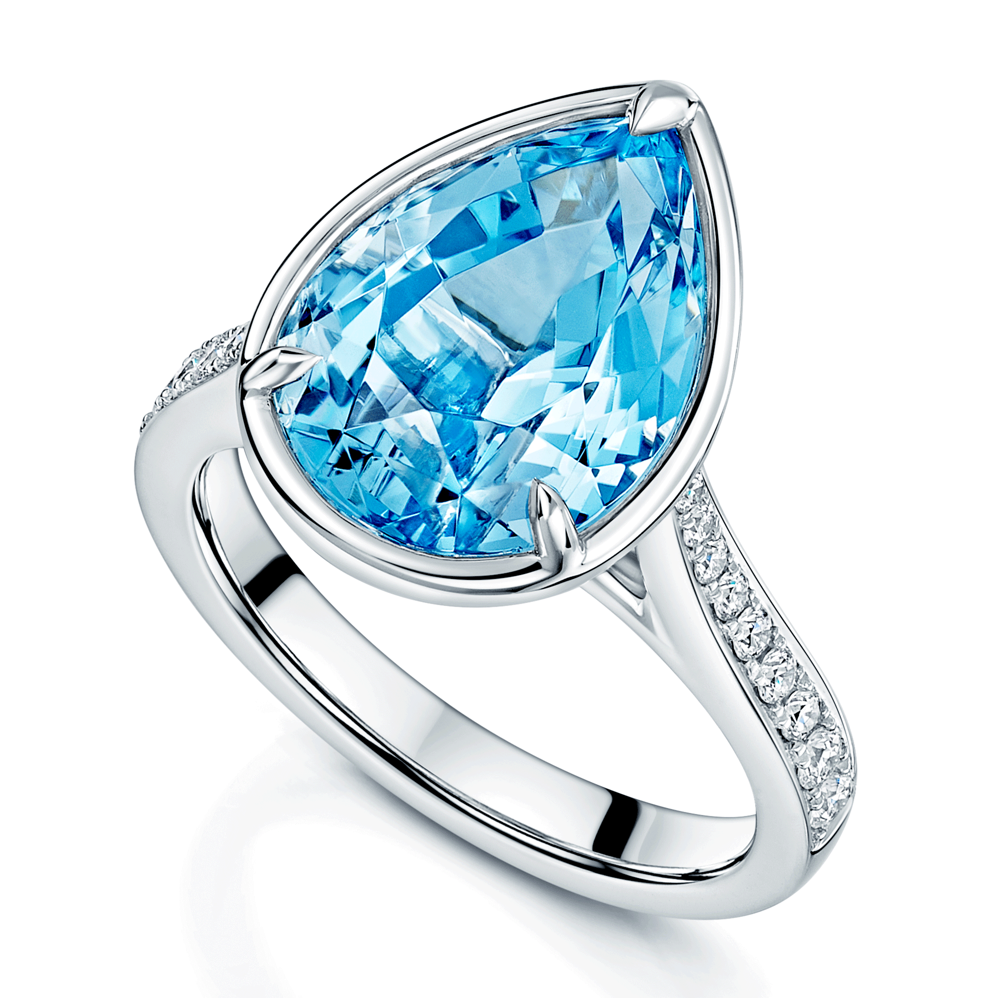 Platinum Pear Cut Aquamarine Ring With Diamond Set Shoulders