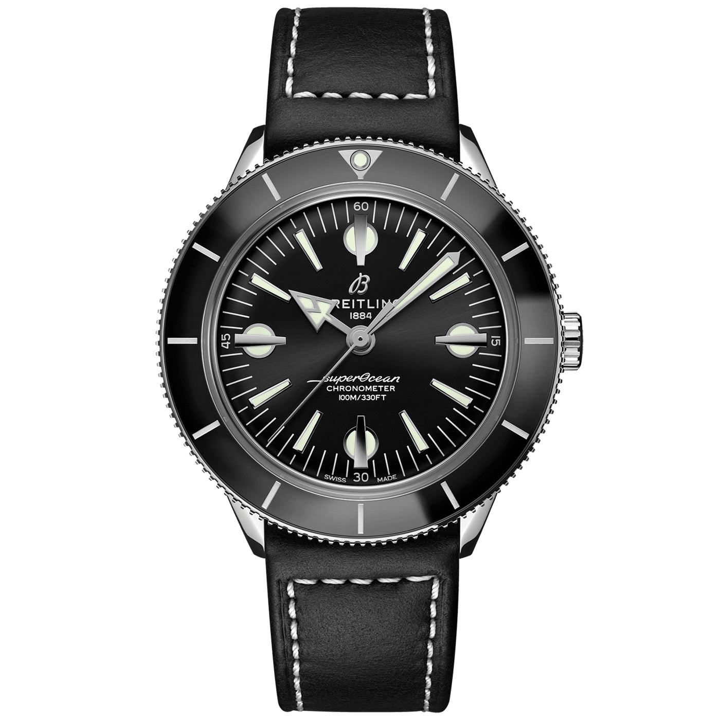 Superocean Heritage 57' 42mm Black Dial Leather Strap Watch