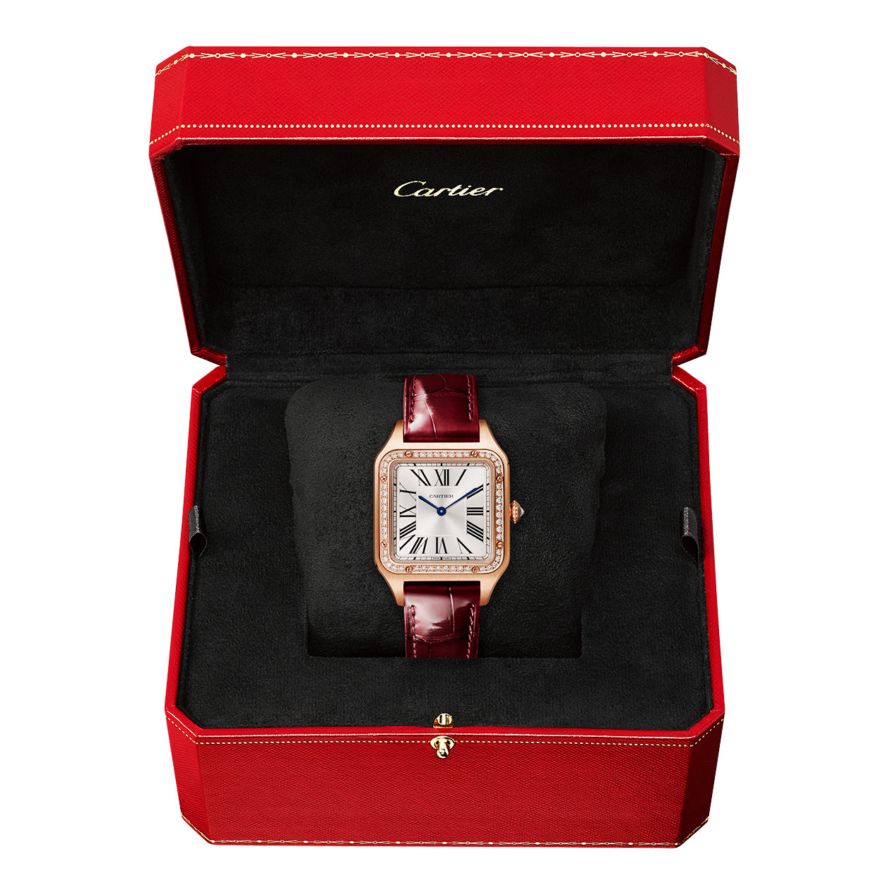 Santos-Dumont Large 18ct Rose Gold Silver Dial Diamond Bezel Watch