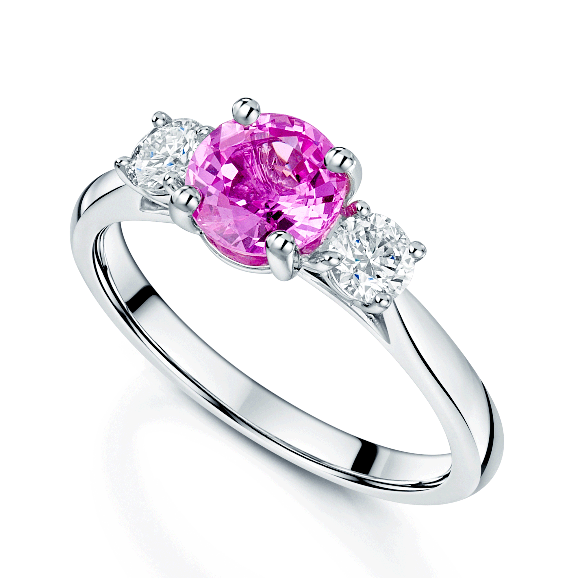 Platinum Round Brilliant Cut Pink Sapphire & Diamond Three Stone Ring