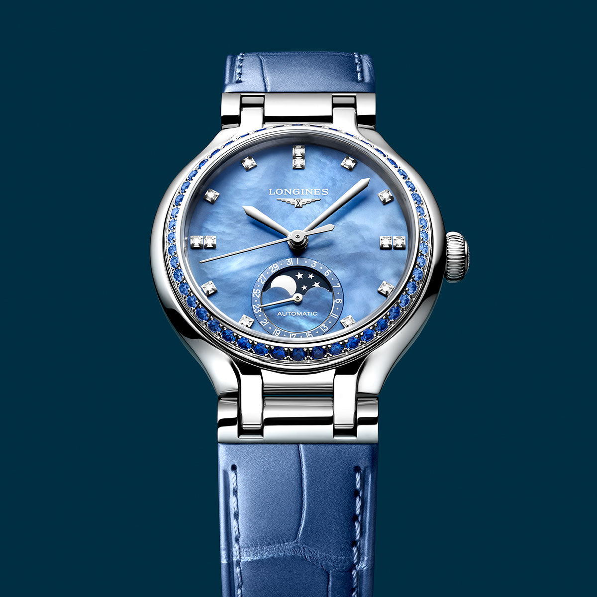 Longines PrimaLuna Moonphase 34mm Steel Automatic Strap Watch - Berry's Jewellers