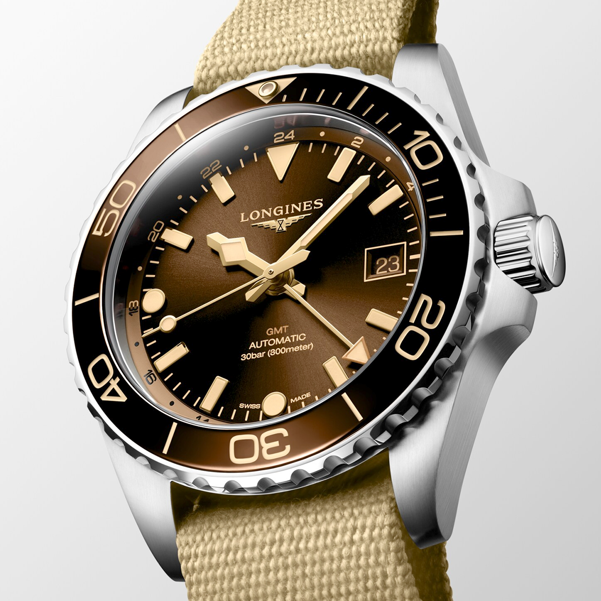 HydroConquest GMT 41mm Brown Dial Automatic NATO Strap Watch