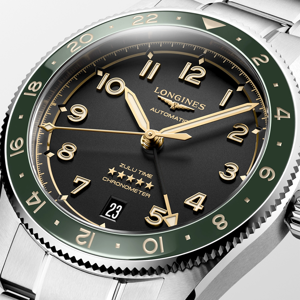 Spirit Zulu Time 39mm Anthracite Dial & Green Bezel Bracelet Watch