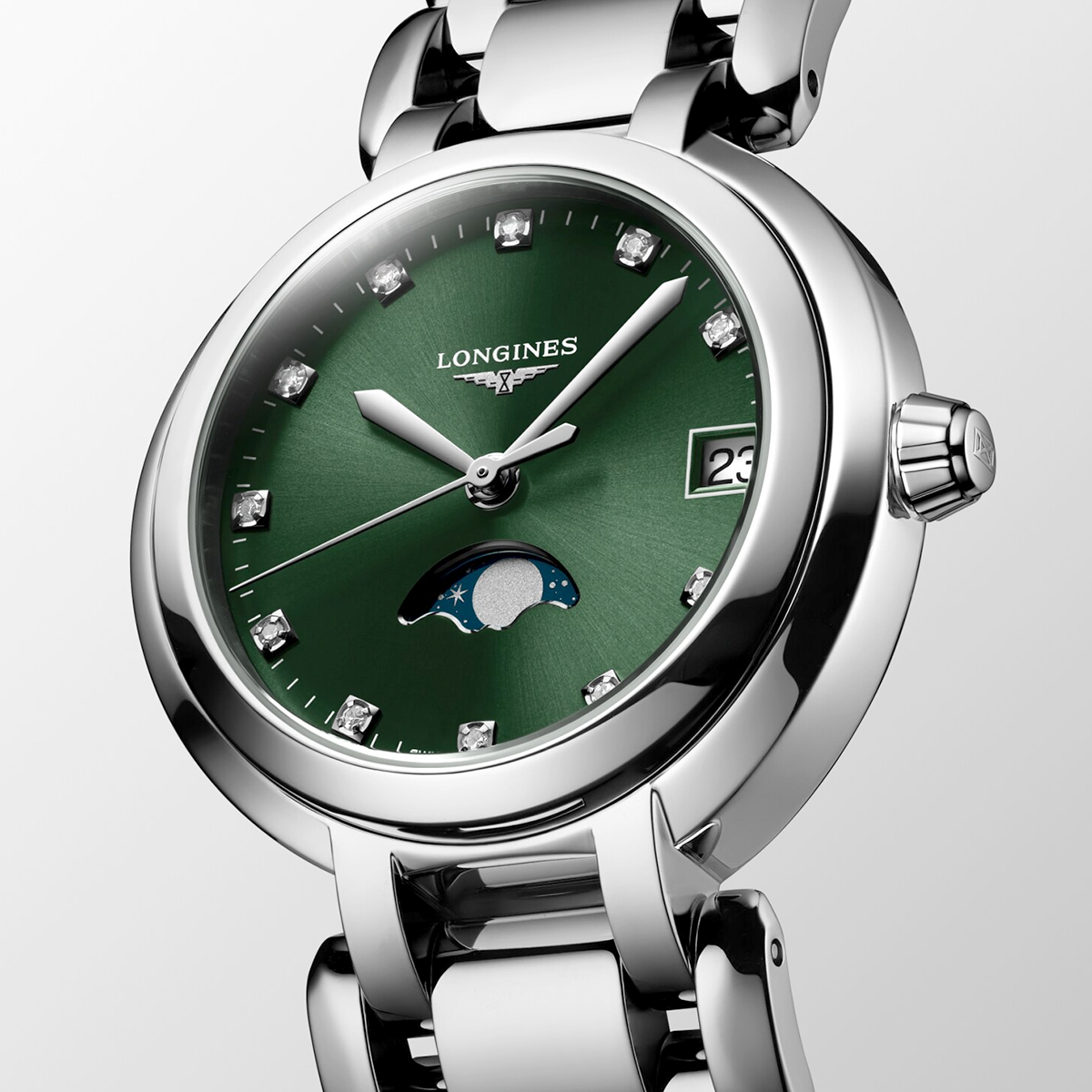 PrimaLuna Moonphase 30.5mm Green Diamond Dial Ladies Bracelet Watch