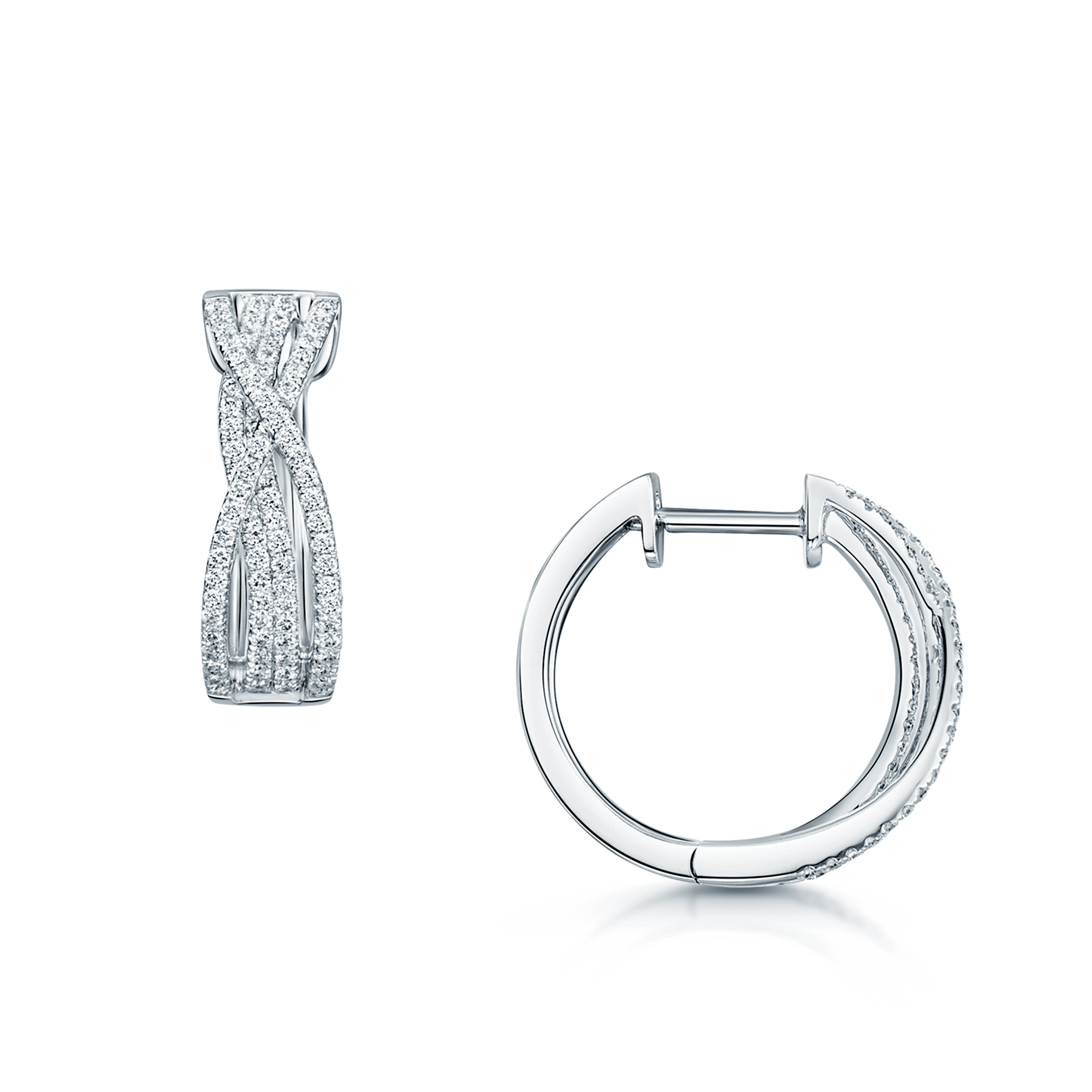 18ct White Gold Cross Over Style Pave Set Diamond Hoop Earrings