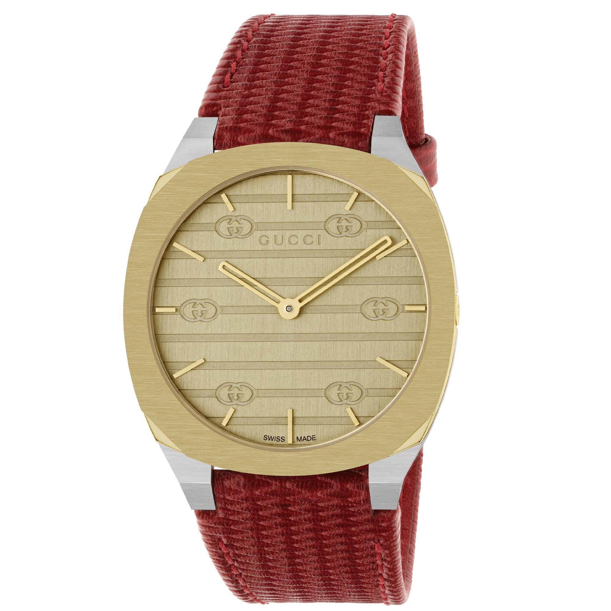 Gucci 25H 34mm Stainless Steel Red Leather Strap Watch With A Champagne Dial & Bezel