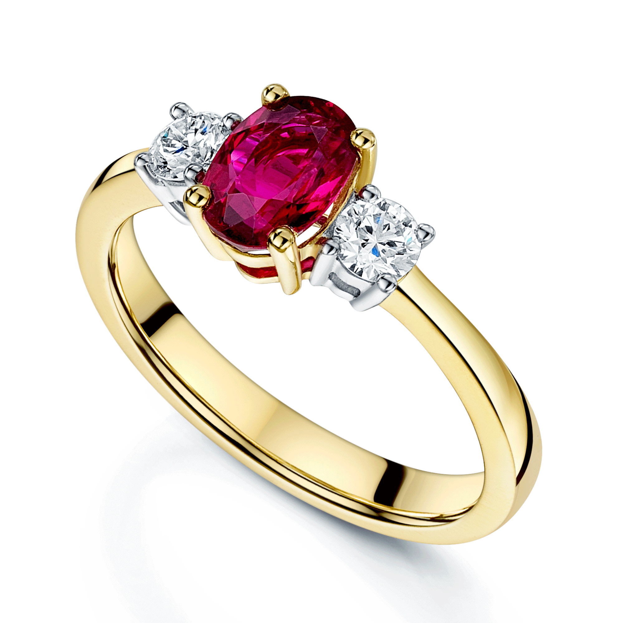 18ct Yellow Gold Oval Ruby And Round Brilliant Cut Diamond Three Stone Ring