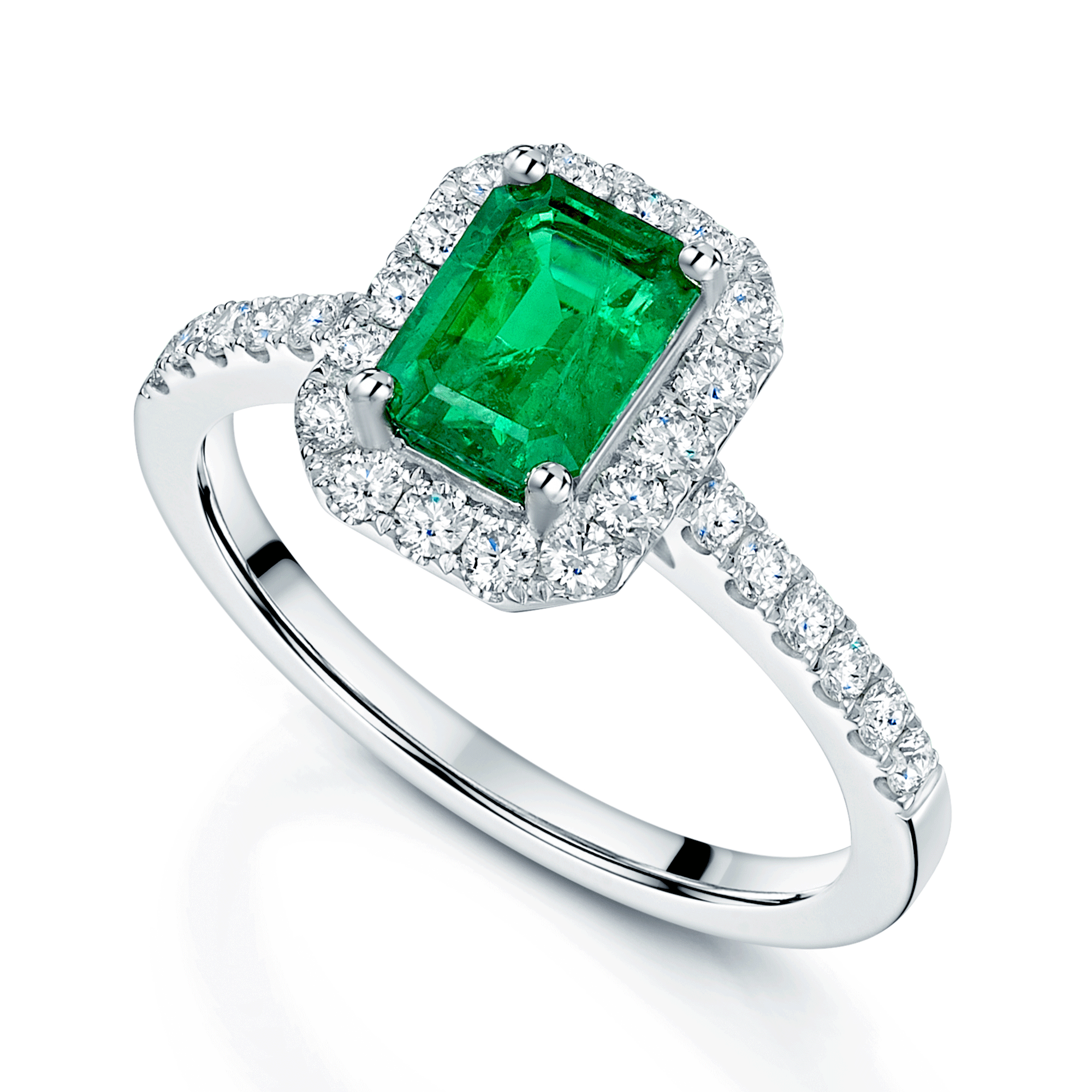 Platinum Emerald And Diamond Halo Ring With Diamond Shoulders