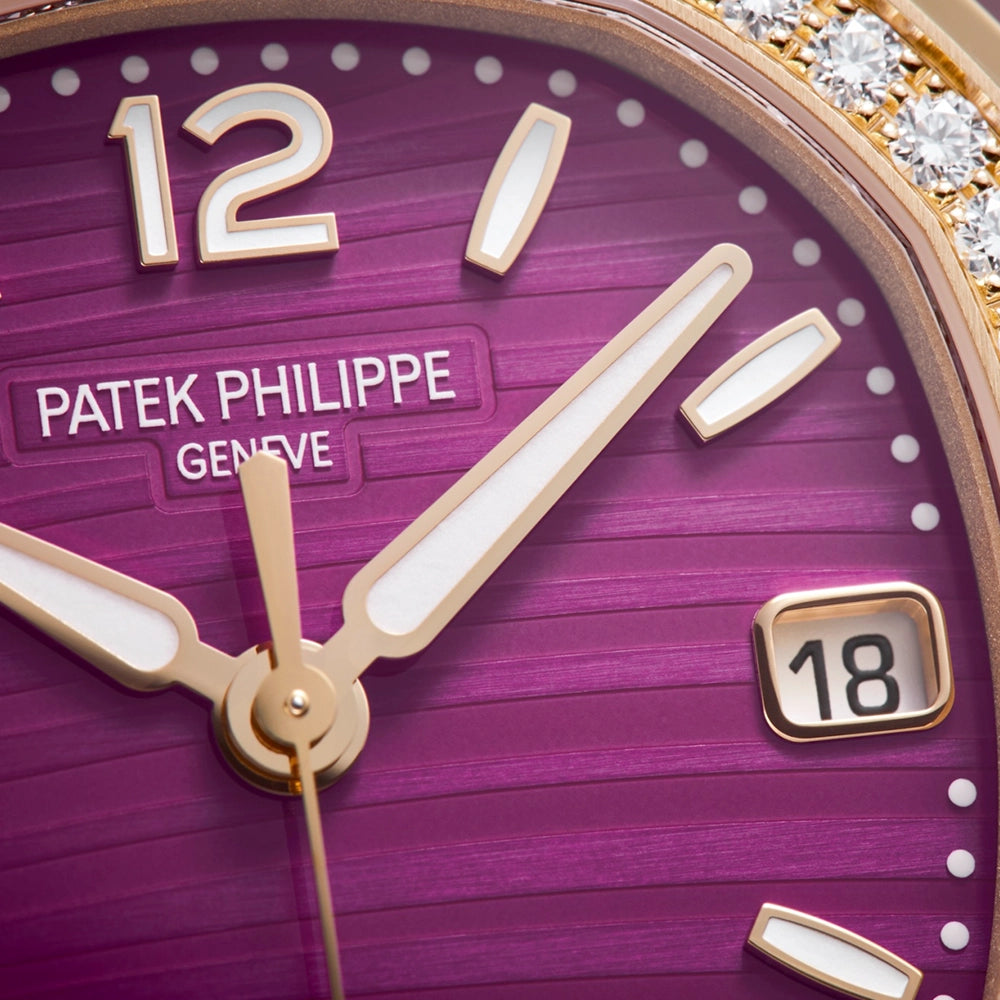 Nautilus 32mm 18ct Rose Gold Purple Dial Diamond Set Strap Watch