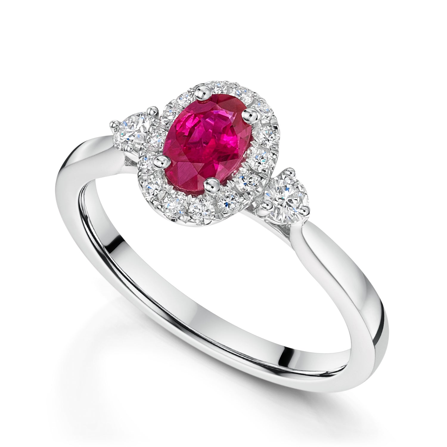 Platinum Oval Ruby And Diamond Cluster Ring With A Diamond On Each Shoulder,