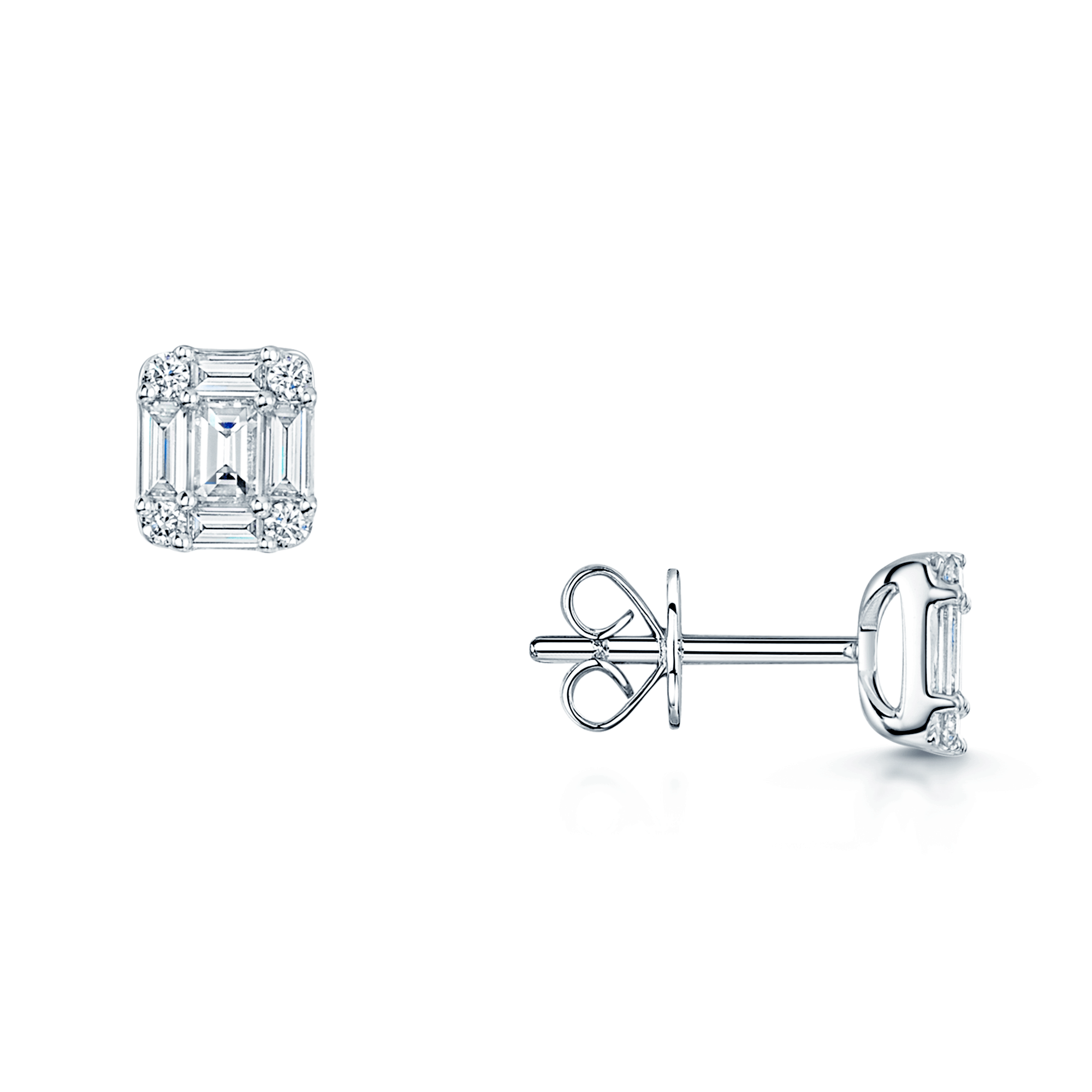 18ct White Gold Baguette And Round Brilliant Cut Diamond Stud Earrings