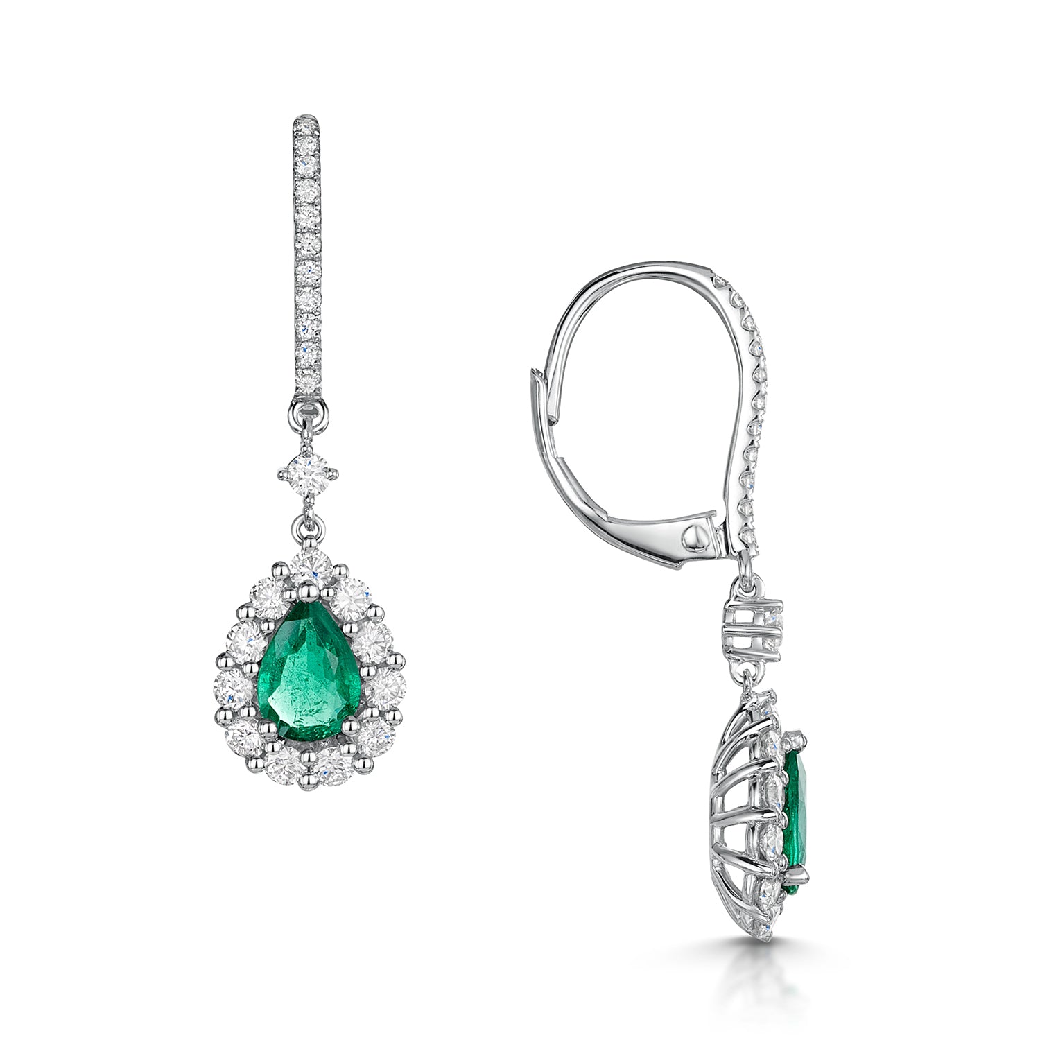 18ct White Gold Pear Shape Emerald And Diamond Halo Drop Earrings