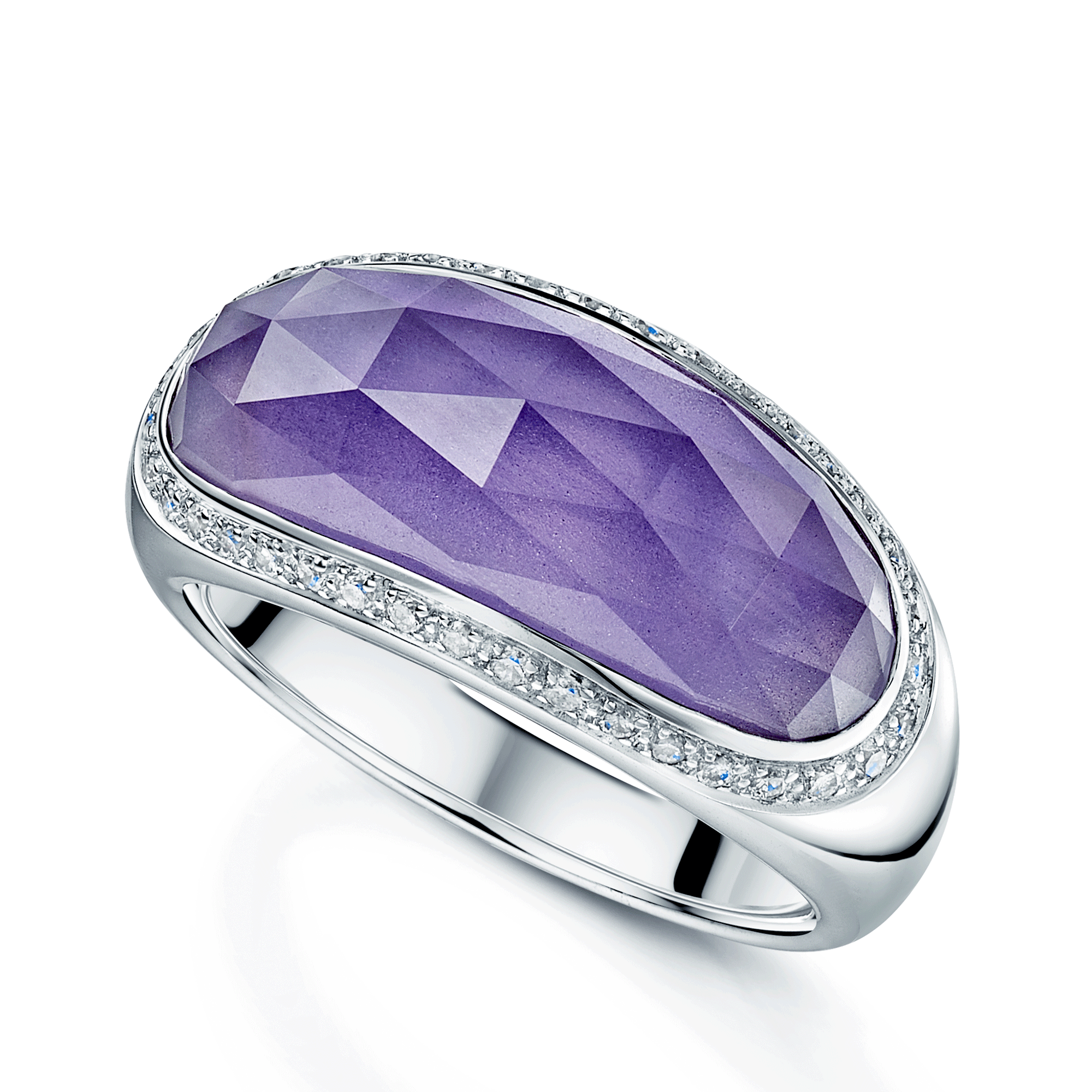 18ct White Gold Elongated Faceted Amethyst And Diamond Ring