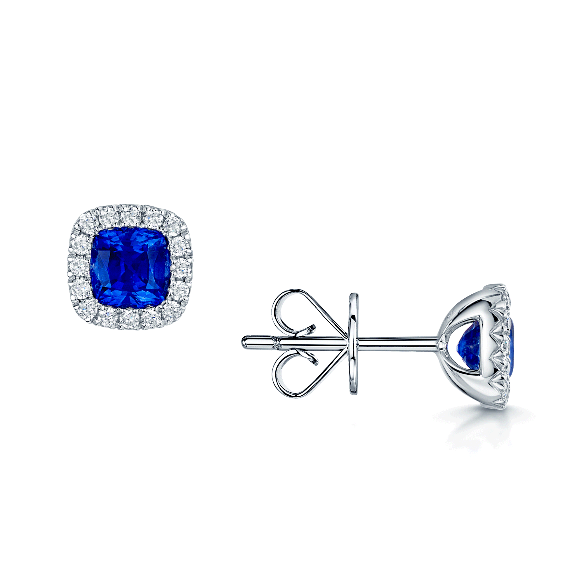18ct White Gold Cushion Blue Sapphire With Round Brilliant Cut Diamond Halo Stud Earrings
