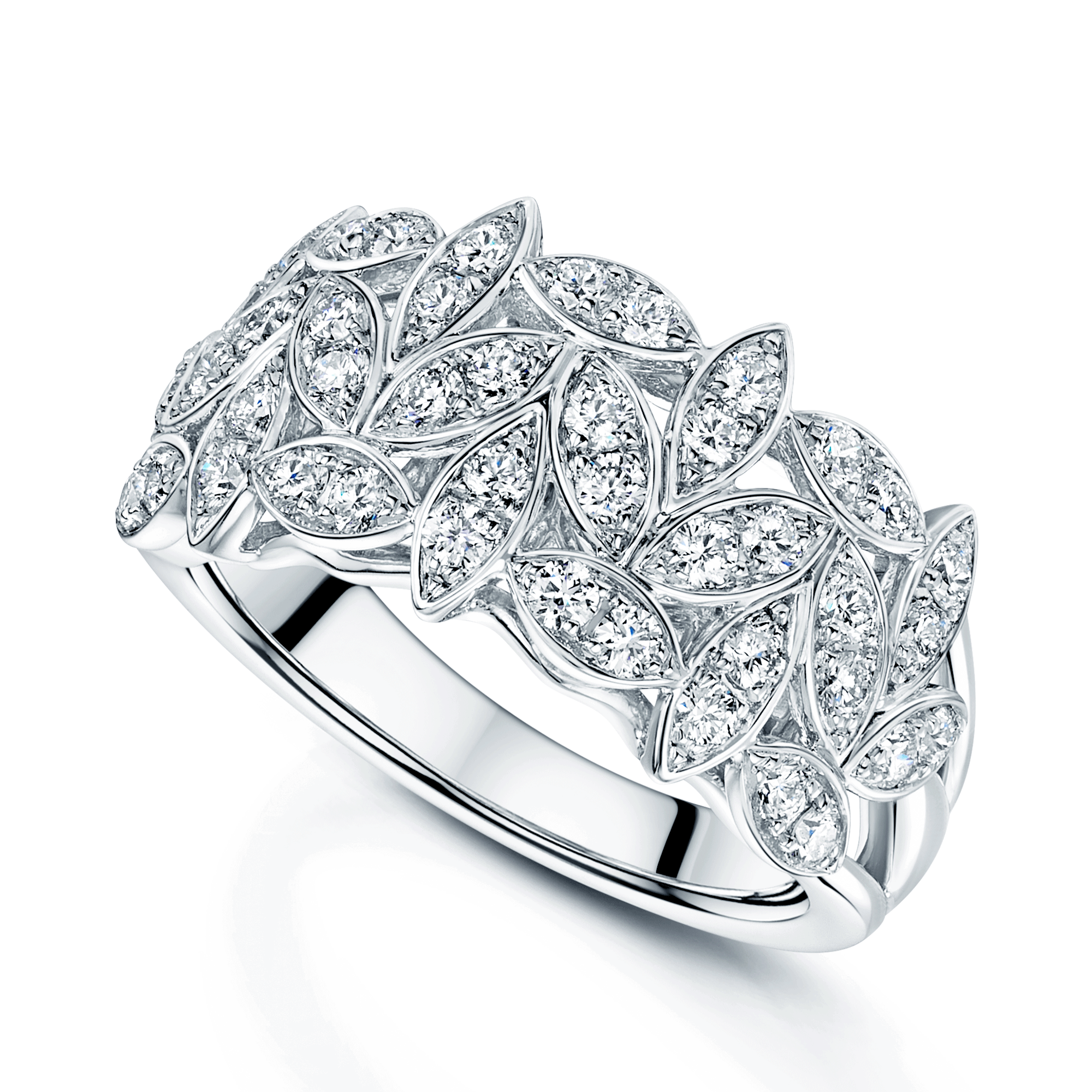 Platinum Round Brilliant Cut Diamond Fancy Leaf Design Wide Dress Ring