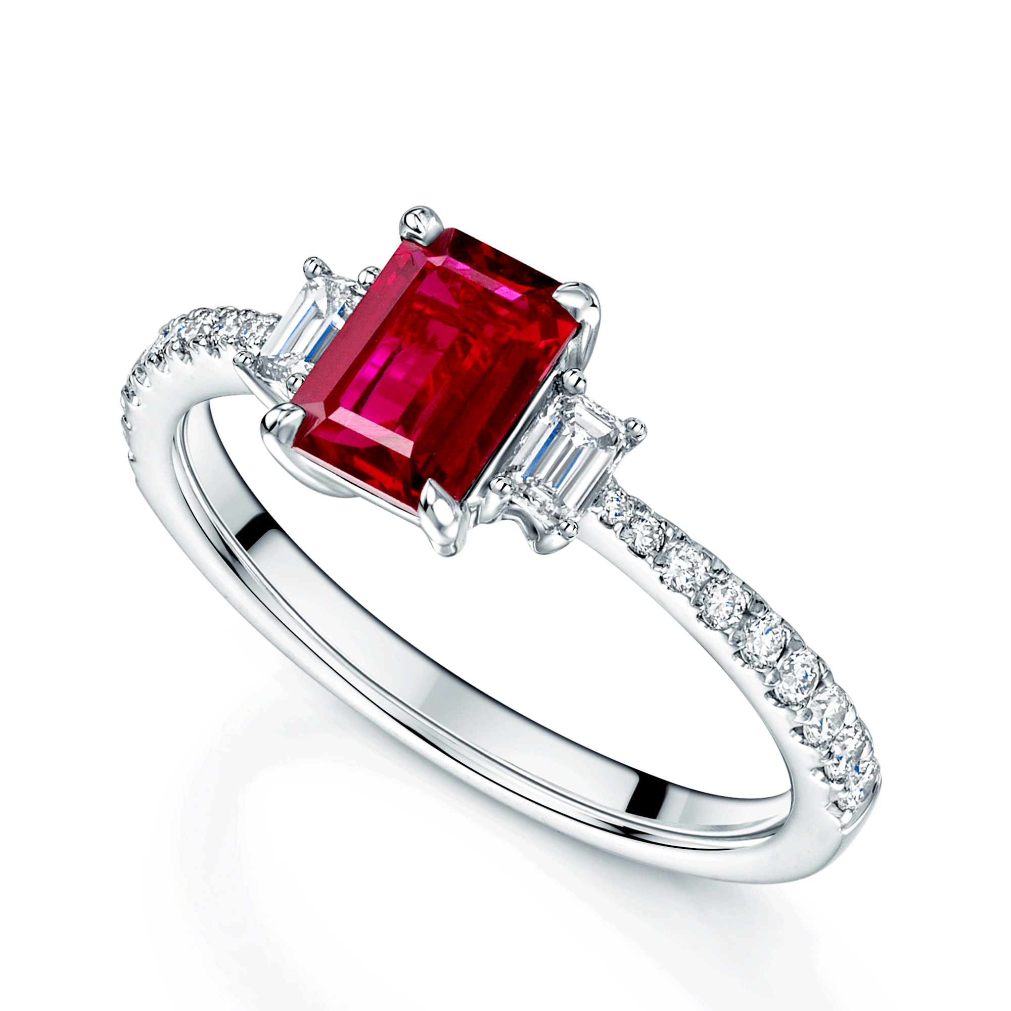Platinum Emerald Cut Ruby And Diamond Three Stone Ring With Diamond Set Shoulders
