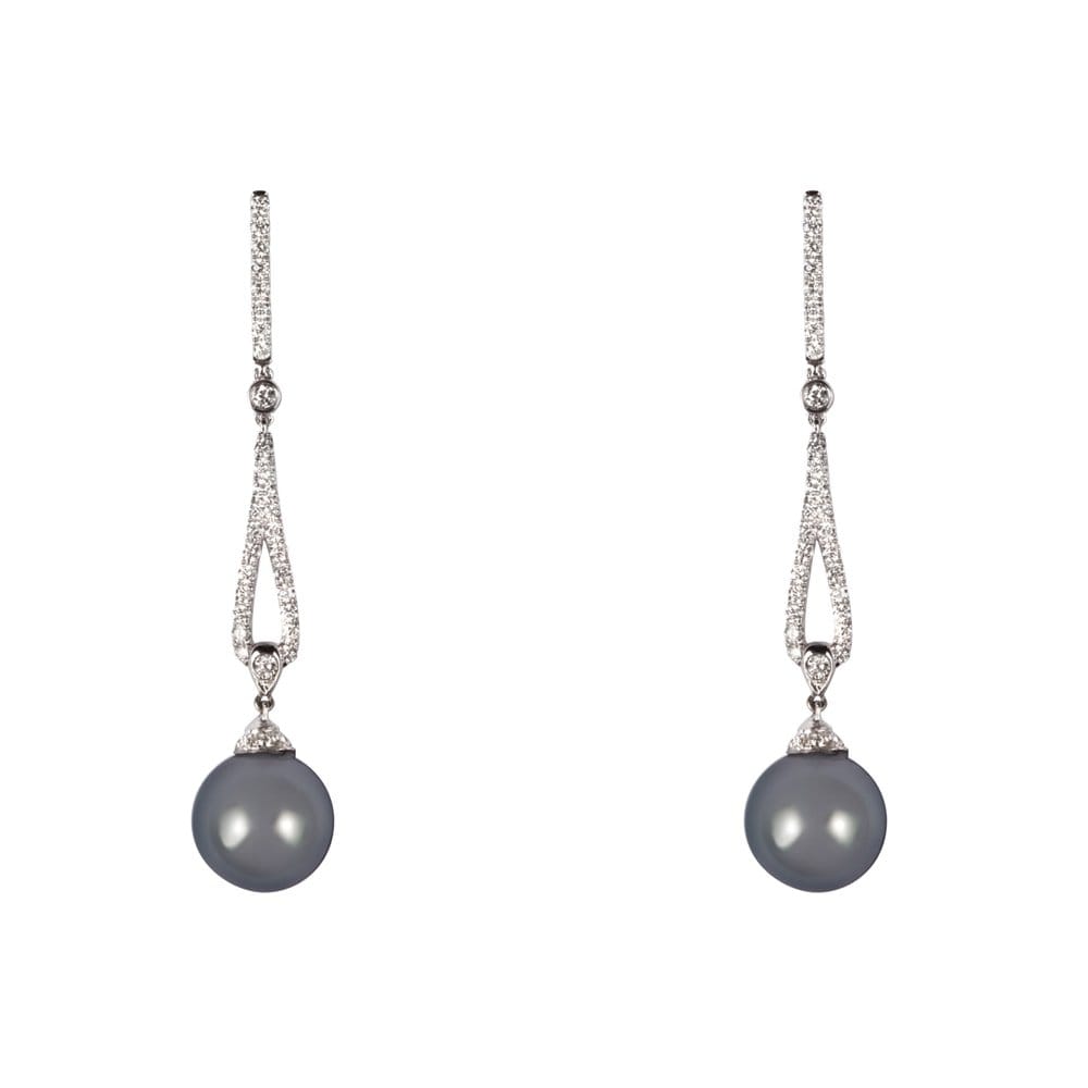 18ct White Gold Black Pearl & Brilliant Cut Diamond Drop Earrings