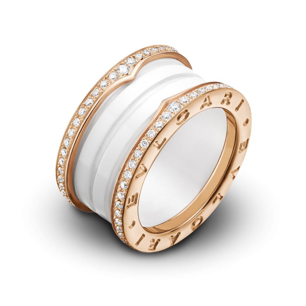 B.Zero1 18ct Rose Gold & White Ceramic Four Band Diamond Edge Ring