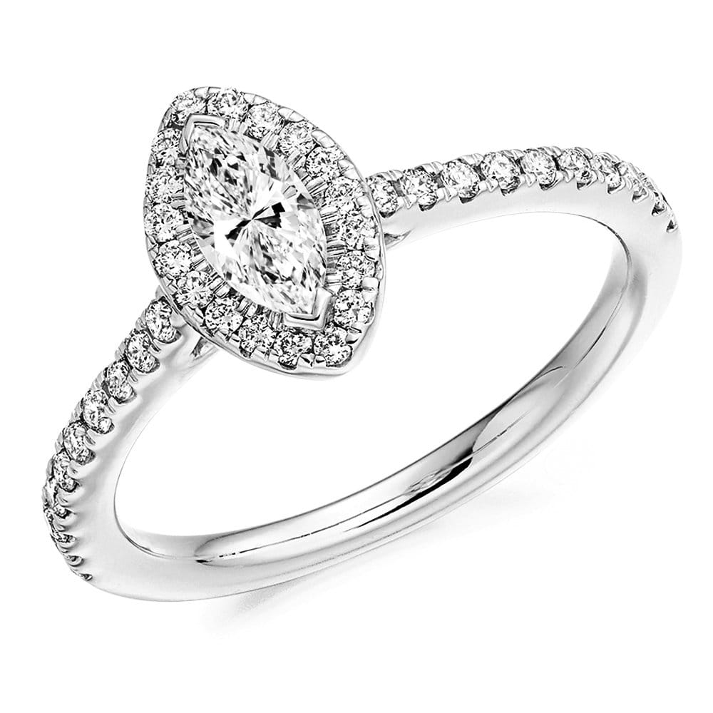 Platinum Halo Set Marquise Cut Diamond & Pave Set Shoulders Engagement Ring
