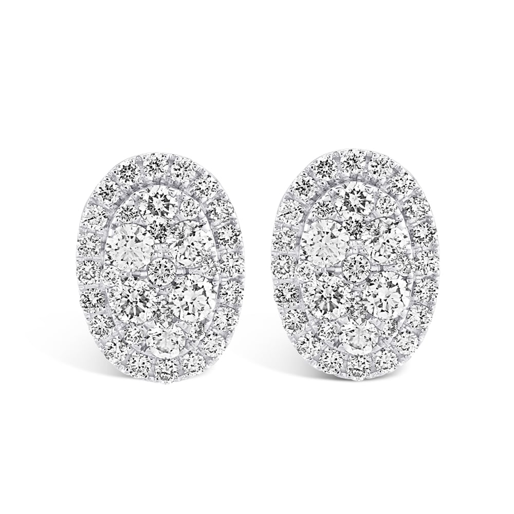 18ct White Gold Oval Diamond Halo Cluster Earrings