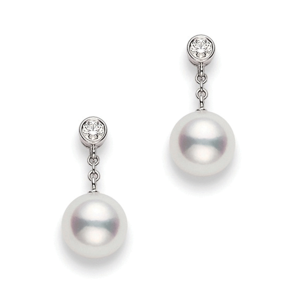 18ct White Gold Akoya Pearl & Diamond Drop Earrings