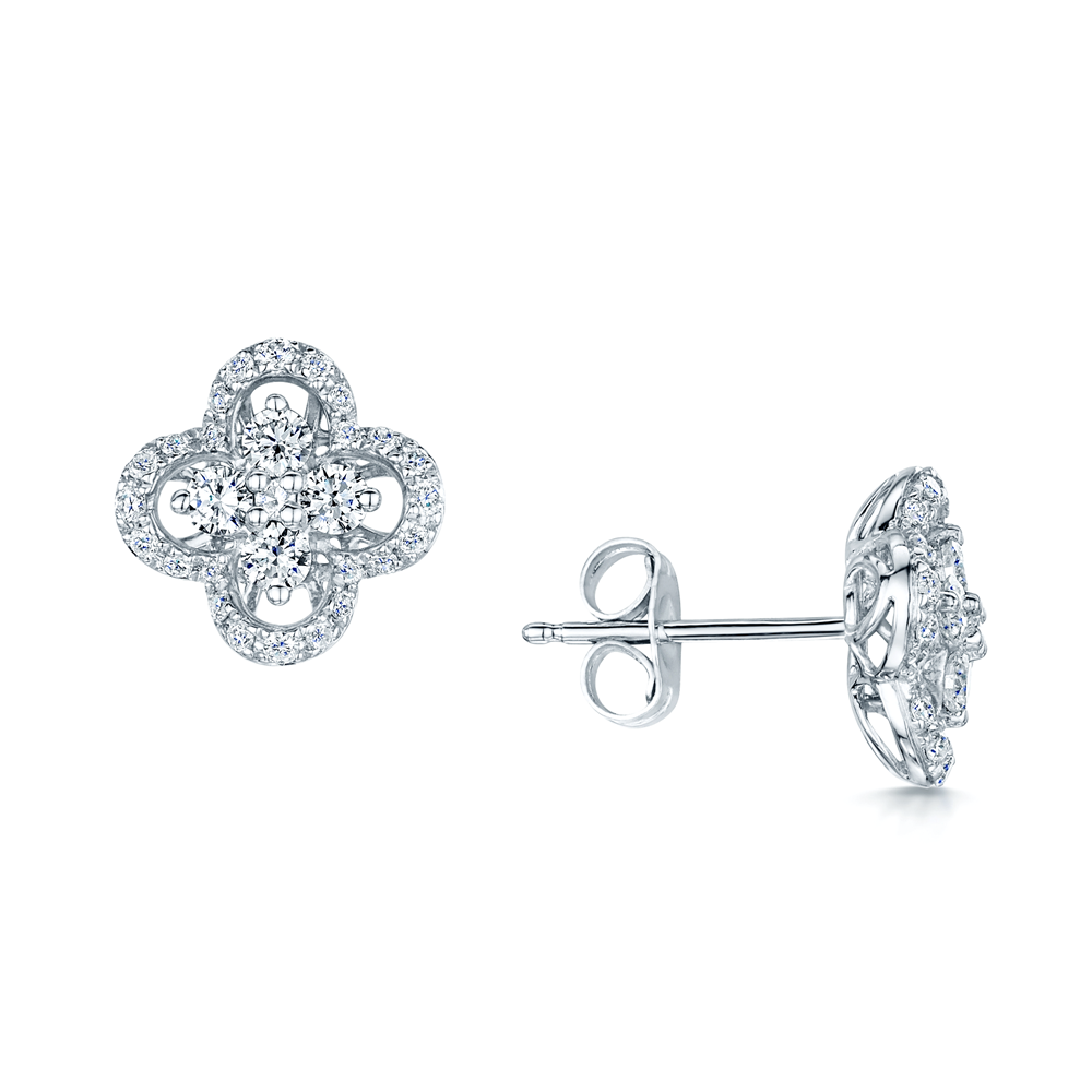 18ct White Gold Quatrefoil Diamond Set Stud Earrings