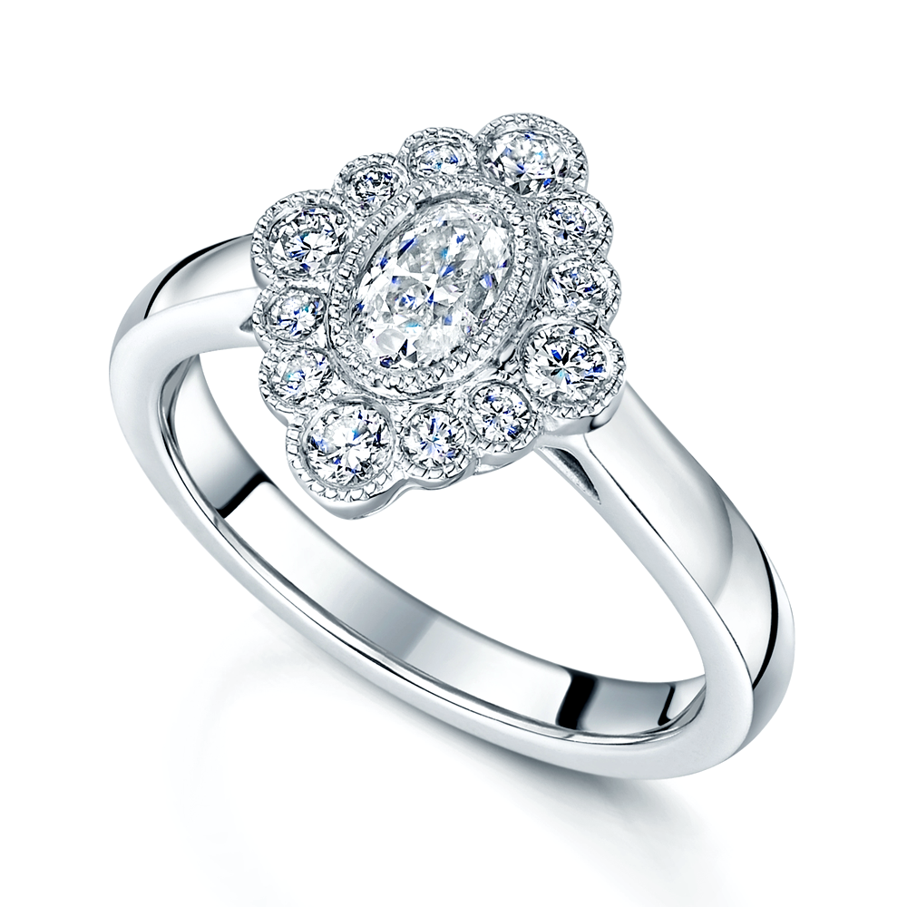Platinum Oval & Round Brilliant Cut Diamond Art Deco Style Ring