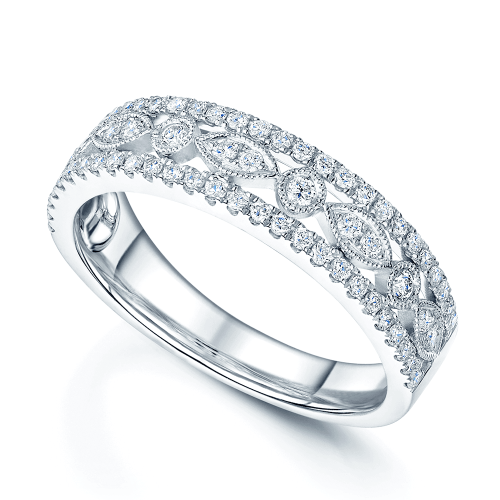Platinum Three Row Milligrain Edge Diamond Dress Ring