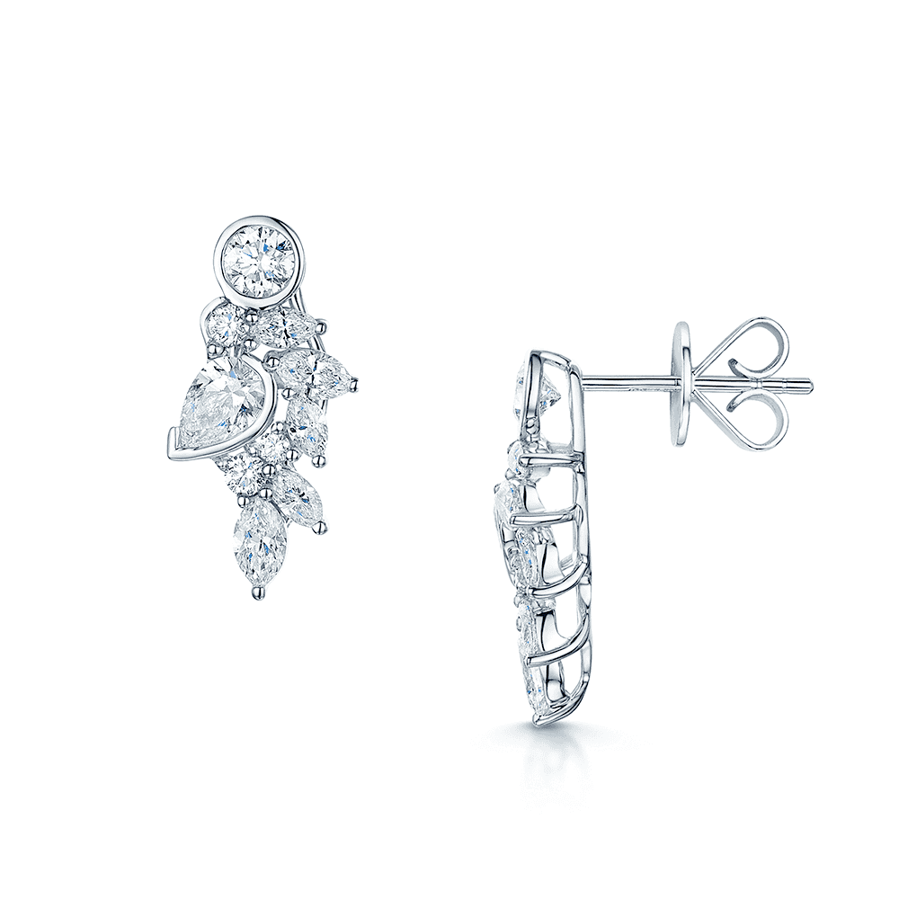 18ct White Gold Pear, Marquise & Brilliant Cut Diamond Cascade Cluster Earrings