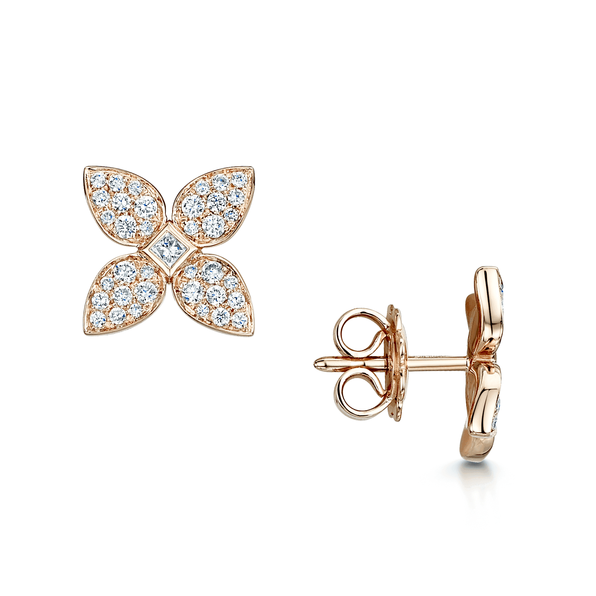 18ct Rose Gold Flower Stud Earrings With Diamond Pave Set Petals