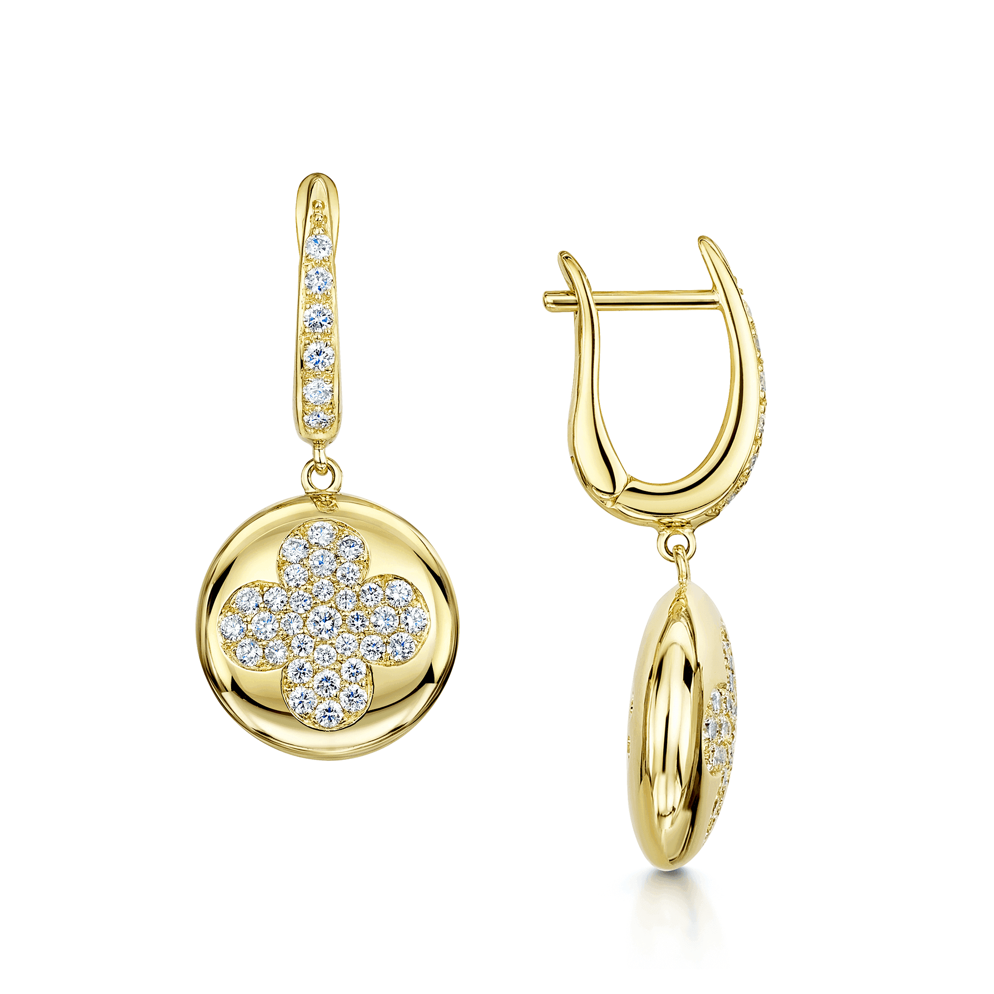 18ct Yellow Gold Circle Pave Flower Diamond Drop Earrings With A Diamond Hoop