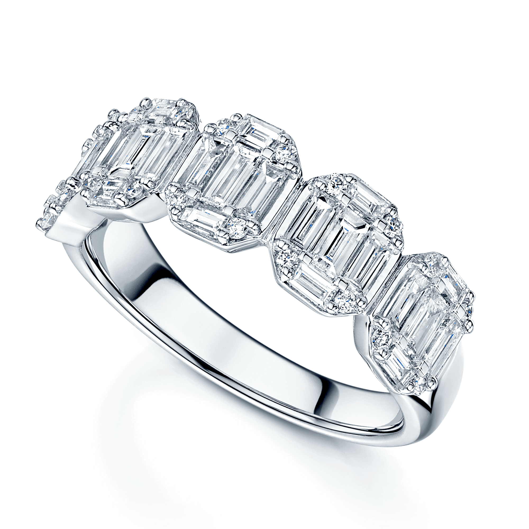 Platinum Five Stone Baguette and Round Brilliant Diamond Vertical Cluster Ring