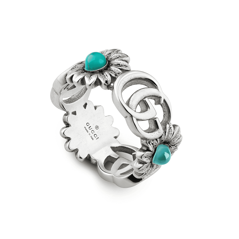 GG Marmont Sterling Silver And Turquoise Flower Ring