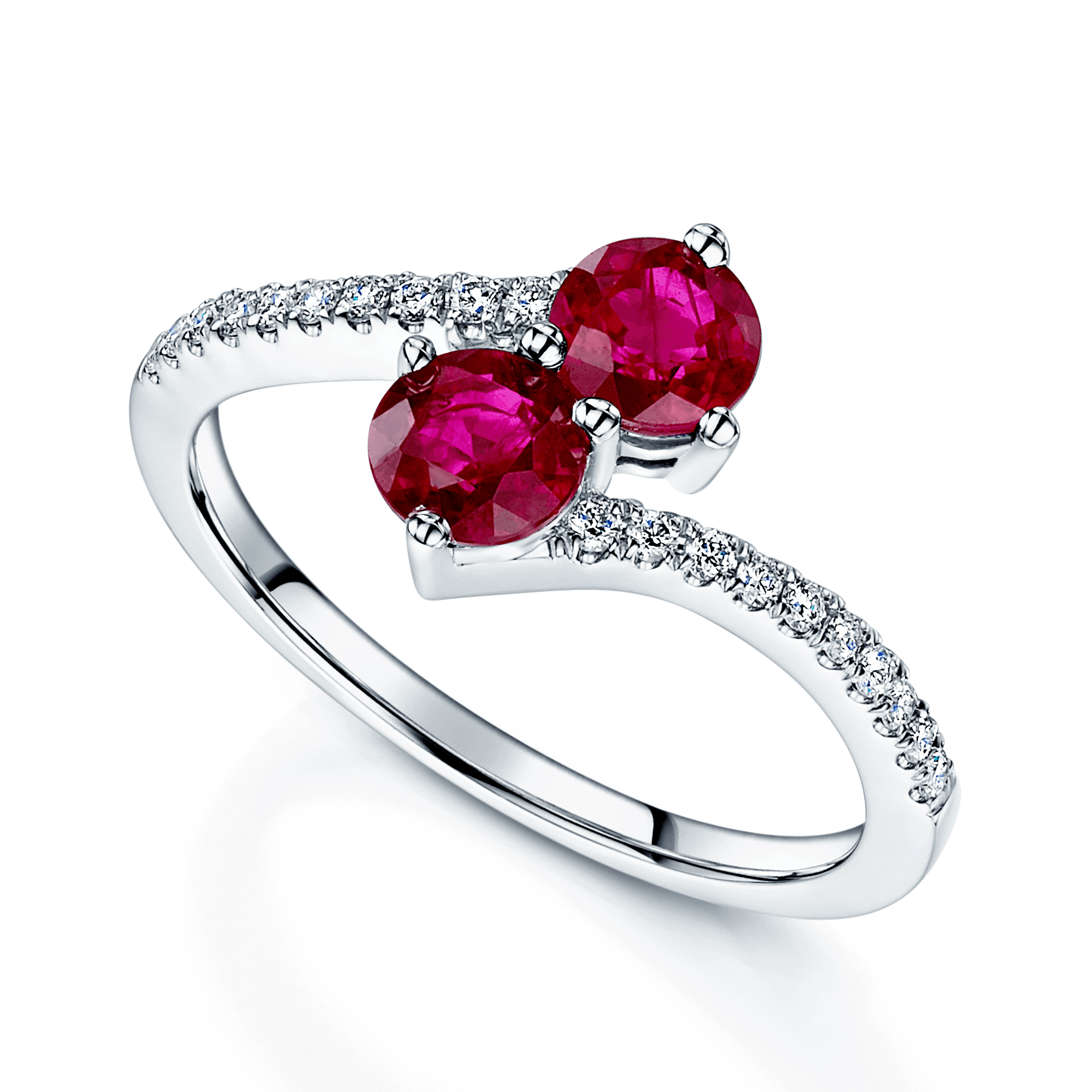 Platinum Round Brilliant Cut Ruby Two Stone Twist Ring With Diamond Set Shoulders