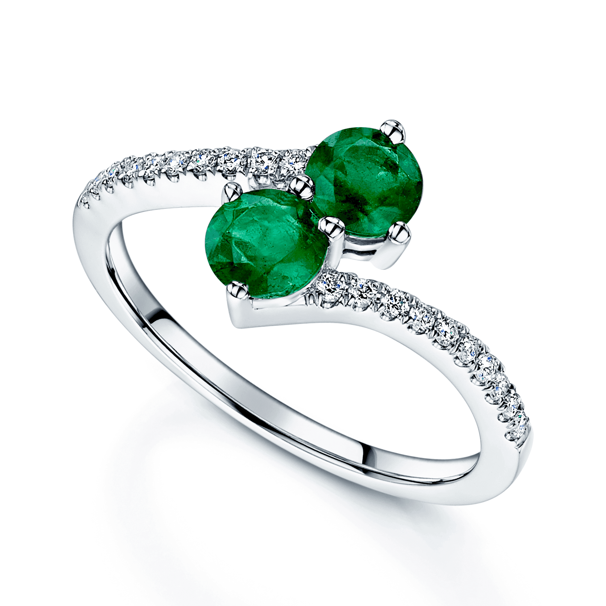 Platinum Round Brilliant Cut Emerald Two Stone Twist Ring With Diamond Set Shoulders