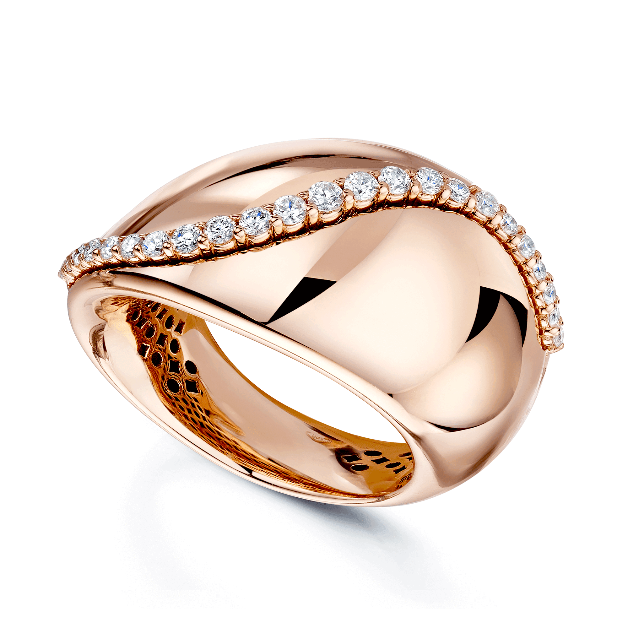 18ct Rose Gold Polished Domed Irregular Ring With Raised Diamond Detail.