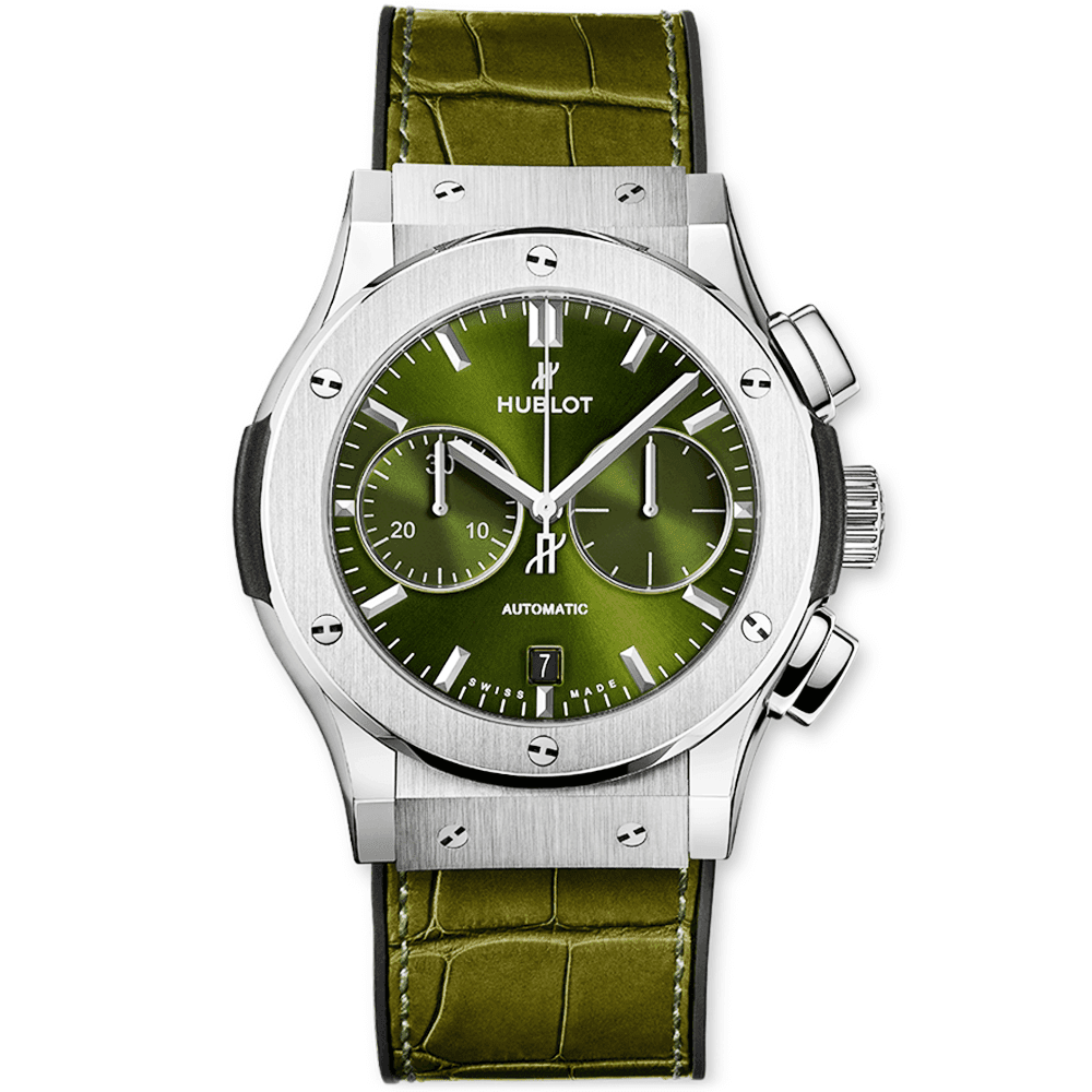 Hublot Classic Fusion 42mm Titanium Green Dial & Leather Strap Chronograph Watch
