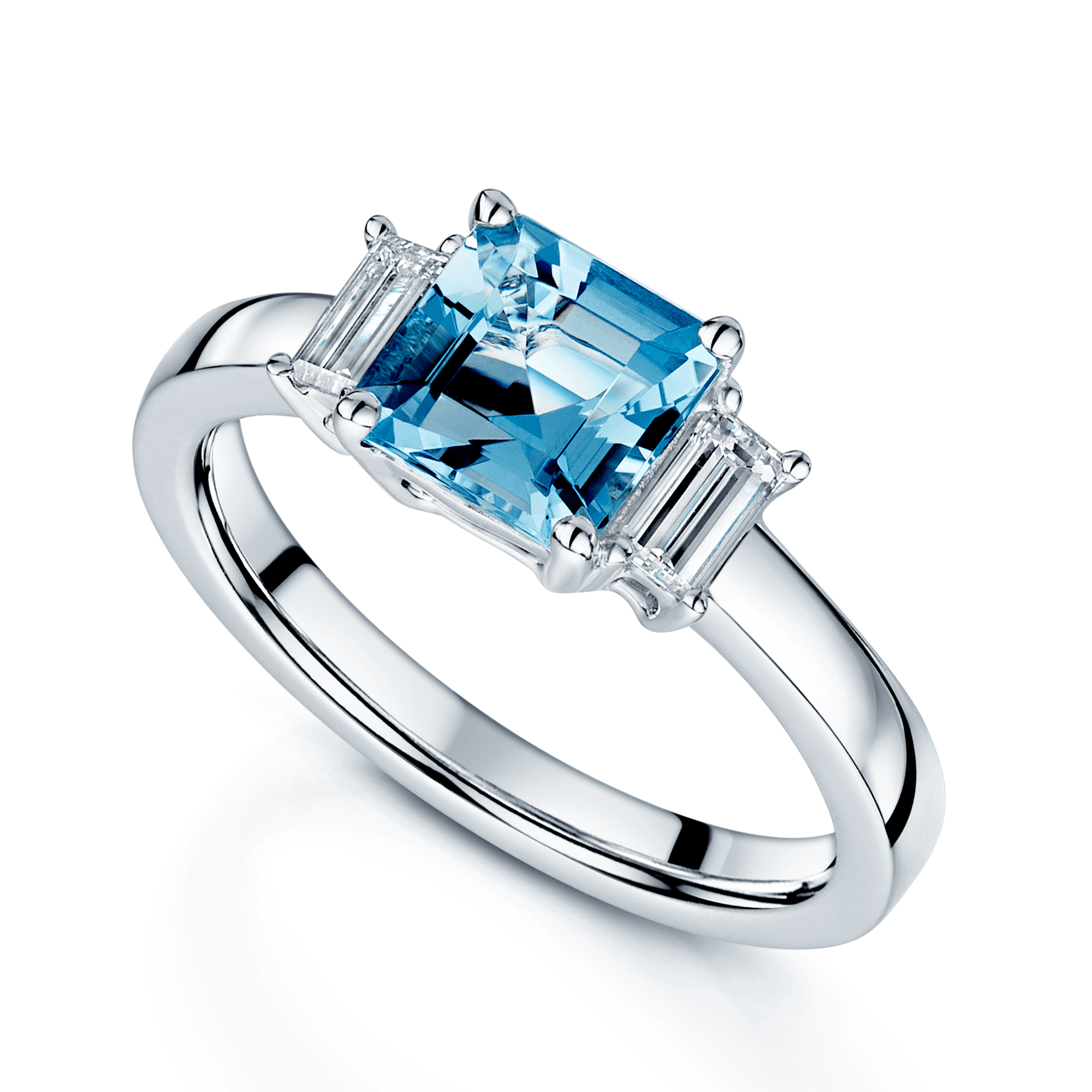 Platinum Princess Cut Aquamarine and Baguette Diamond Claw Set Three Stone Ring