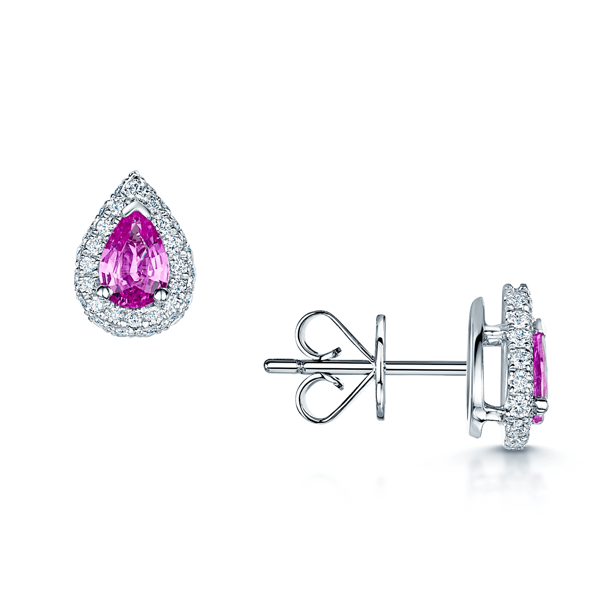 18ct White Gold Pear Pink Sapphire And Diamond Halo Stud Earrings